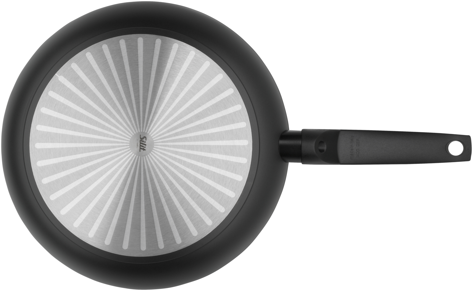 Fond d'une poêle noire avec logo Silit et motif radial en acier inoxydable sur fond blanc.