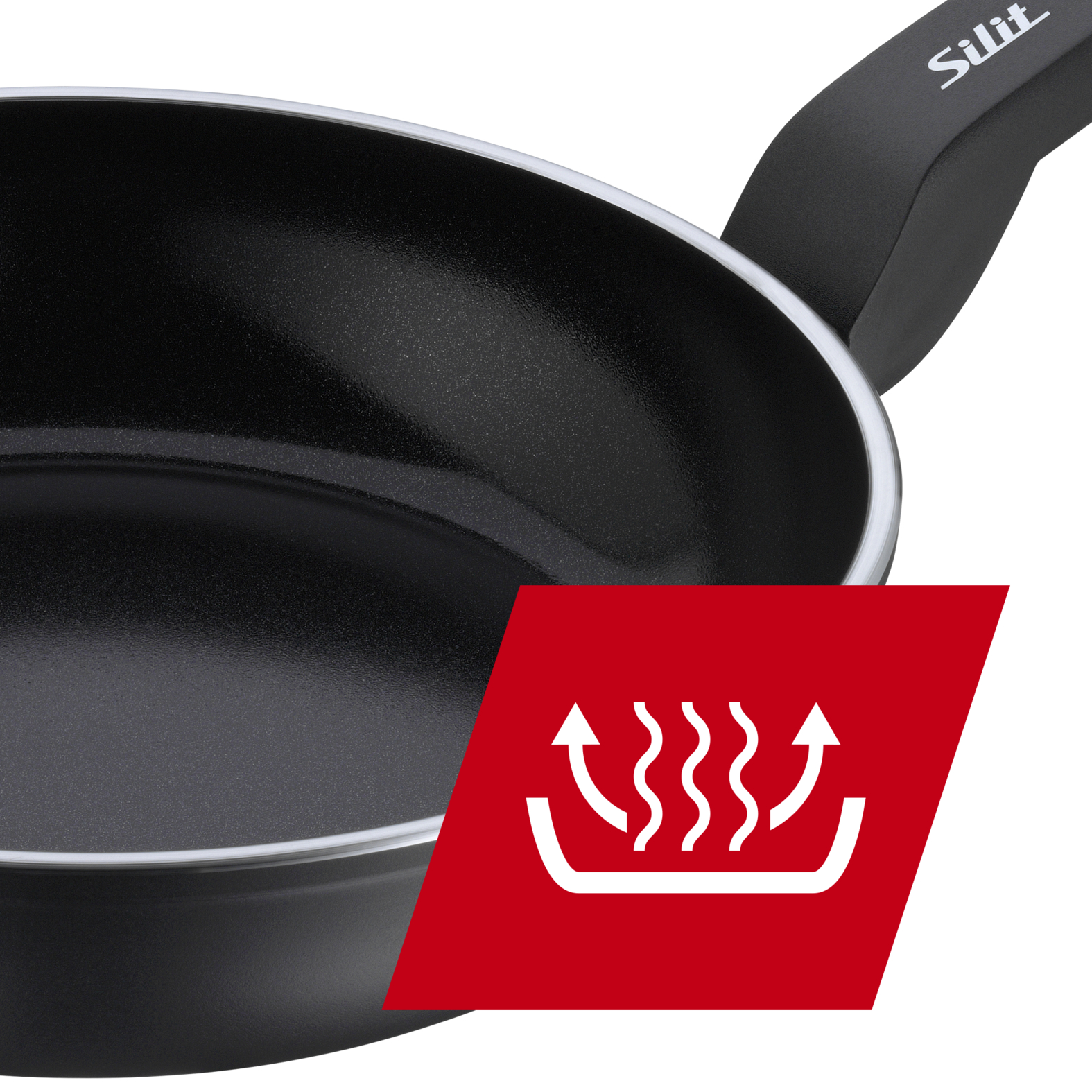 Une poêle à frire Silit noire avec une icône de chaleur rouge en bas à droite sur fond blanc.