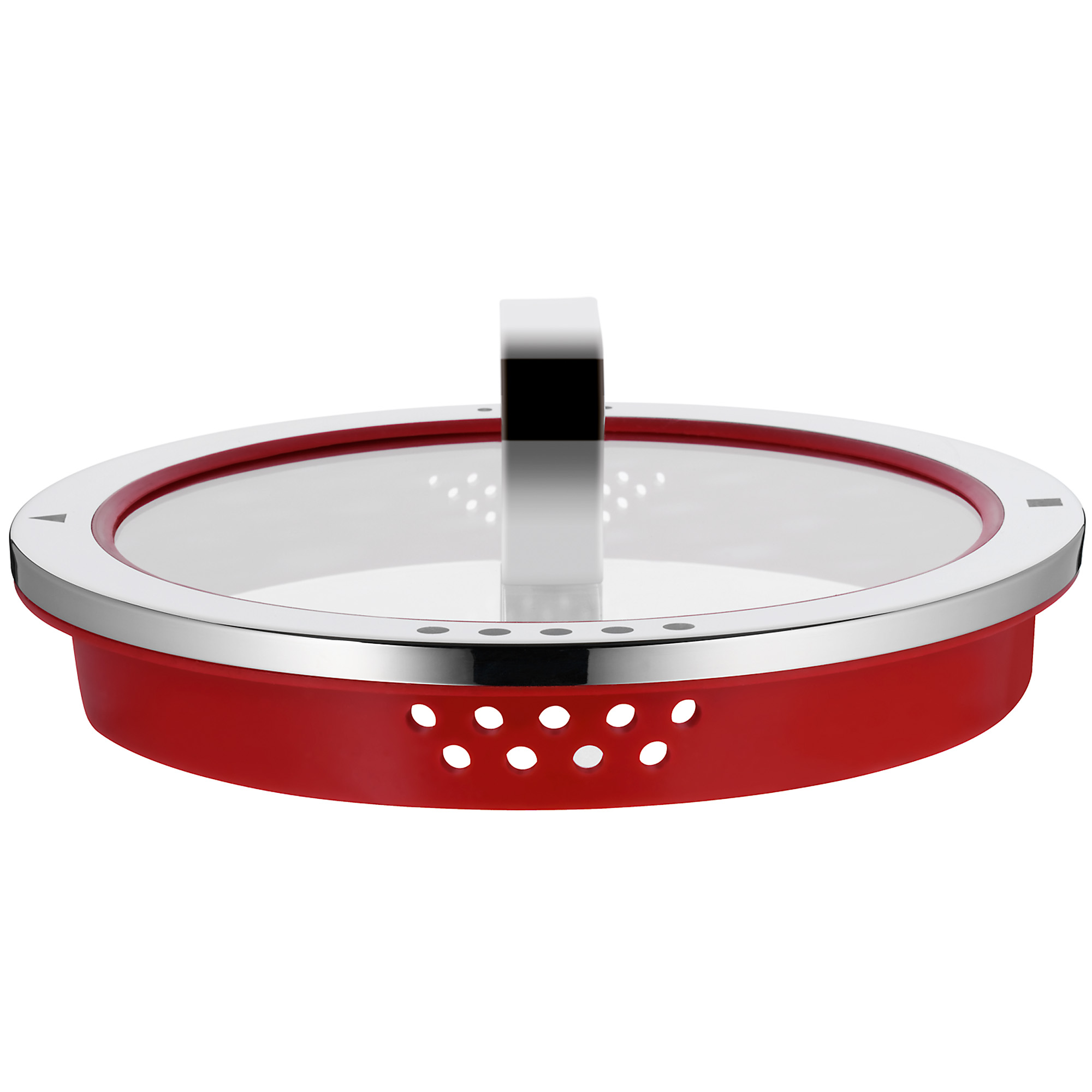 Ein runder, roter Topfdeckel mit Glasmitte, Metallrand und senkrechtem Griff auf weißem Grund.