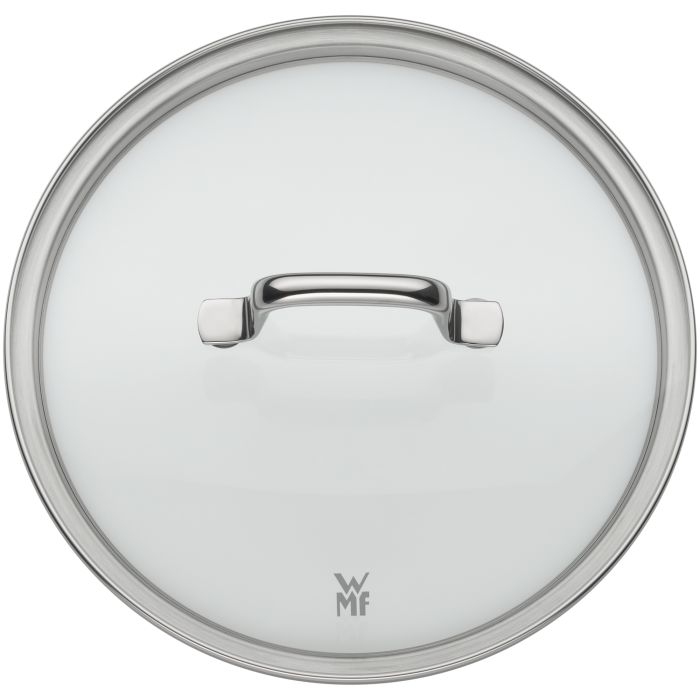 Runder Glas-Topfdeckel mit silbernem Metallrand, Griff und WMF-Logo.