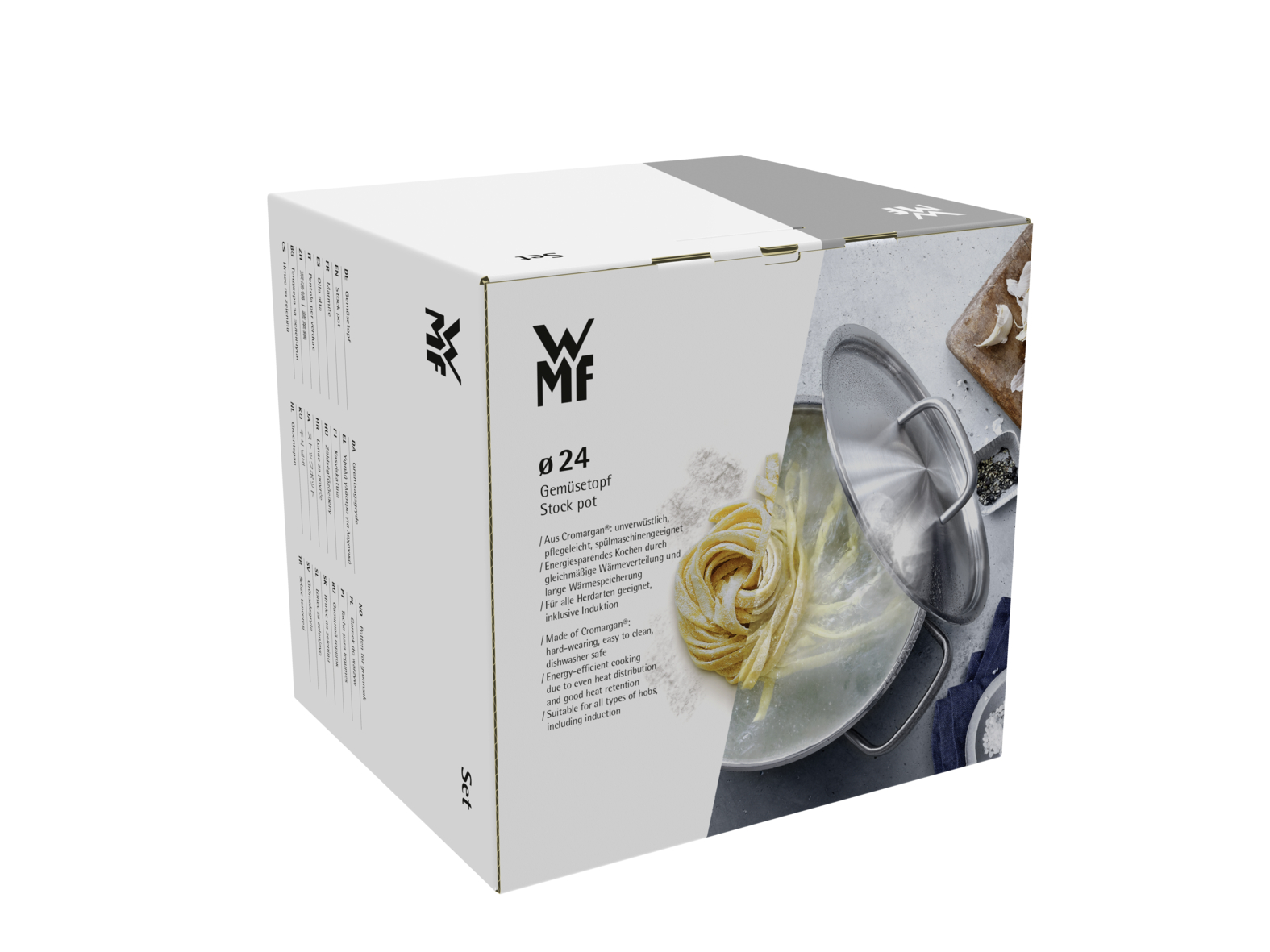 Produktverpackung für einen WMF Gemüsetopf mit Bild von kochenden Nudeln.