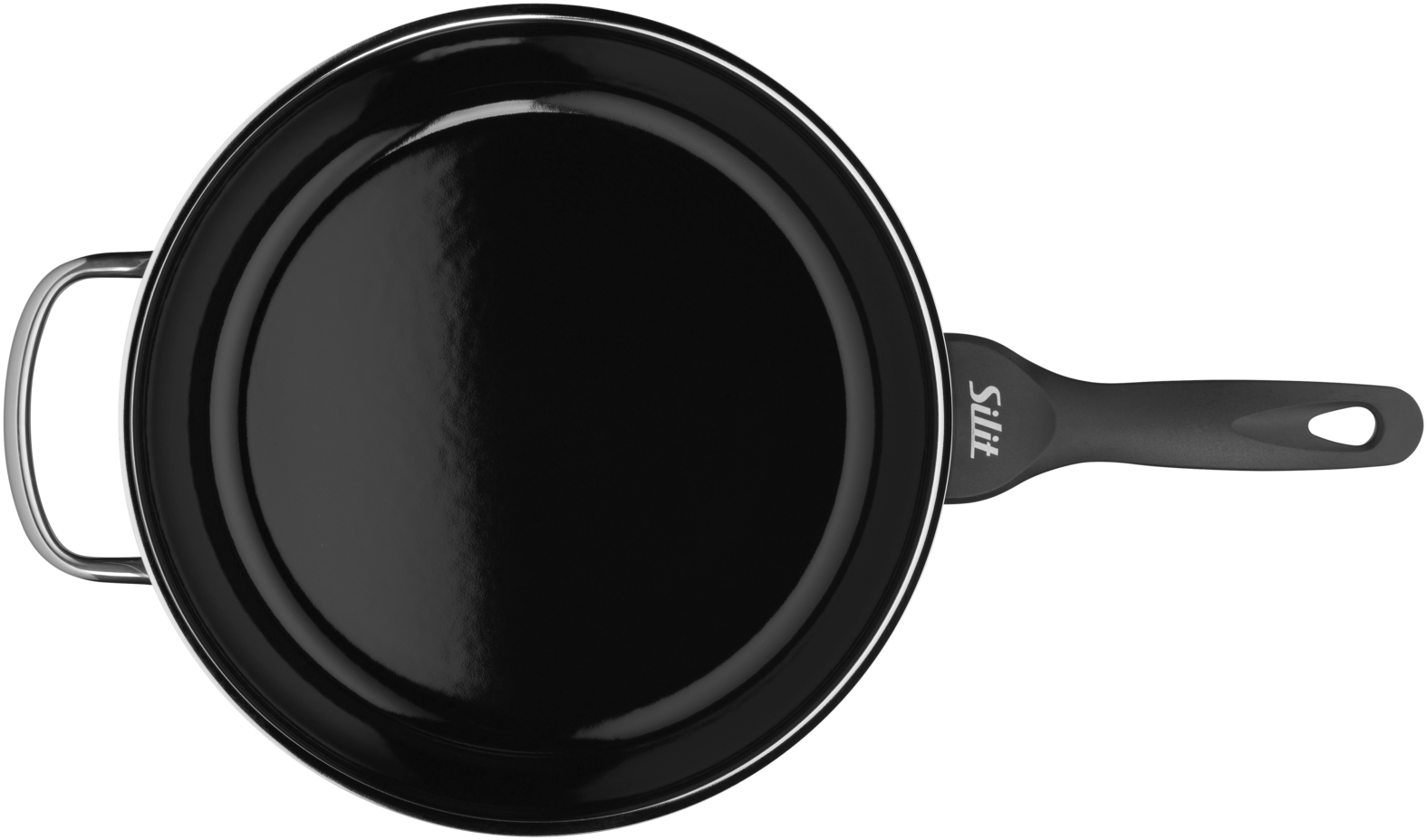 Eine schwarze Bratpfanne von Silit mit langem Griff und Seitengriff auf weißem Hintergrund.