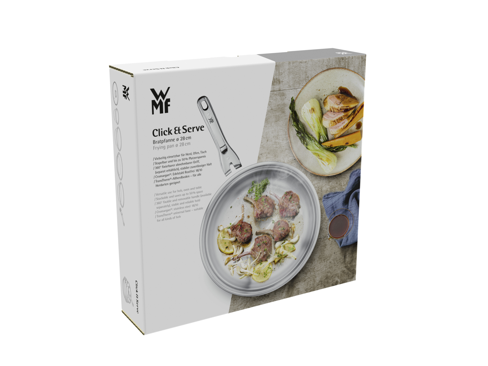 Produktverpackung einer WMF Click & Serve Bratpfanne mit Bildern von Fleischgerichten auf holzigem Hintergrund.