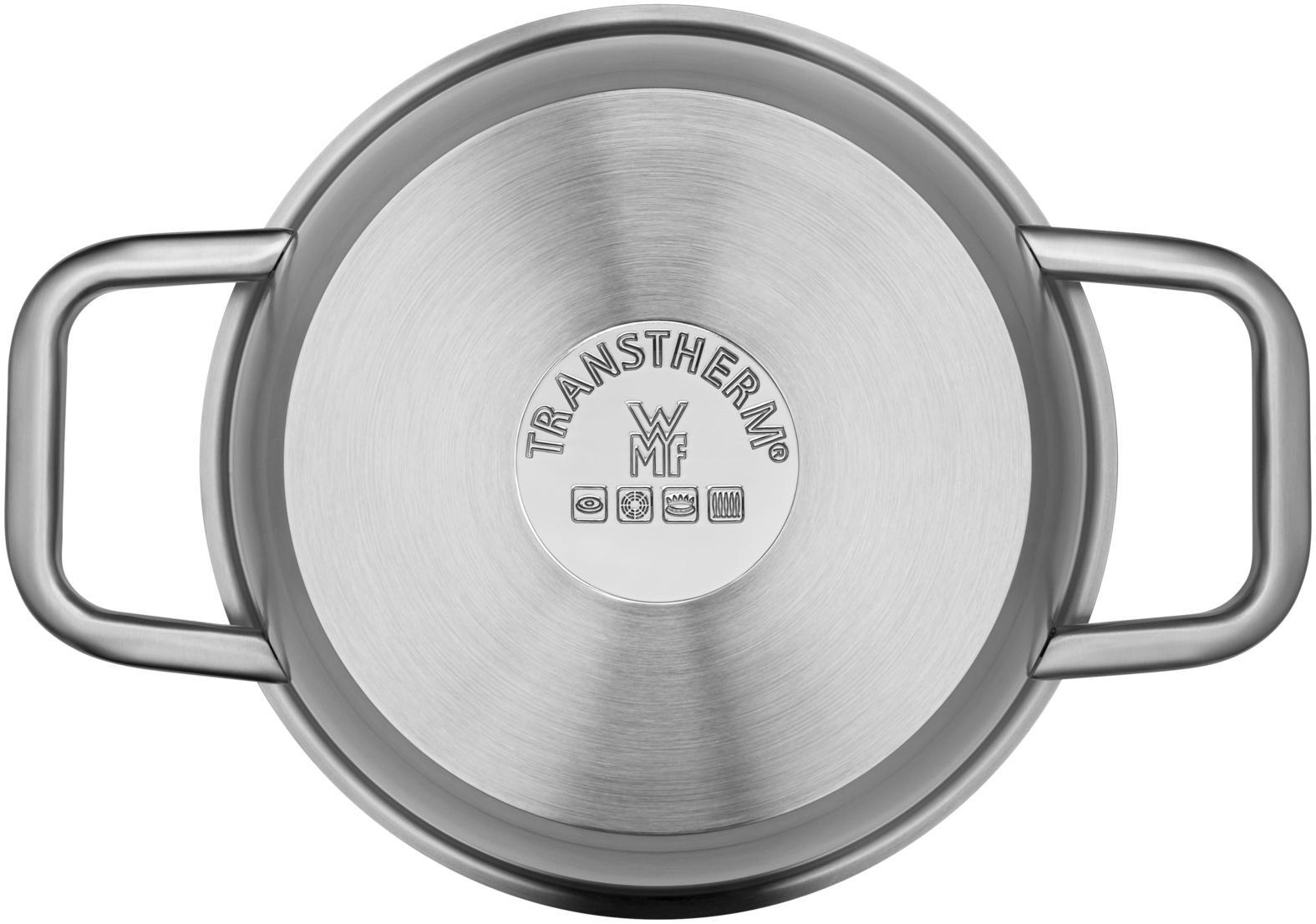 Edelstahltopf von unten, mit zwei Griffen und Transtherm-Logo.