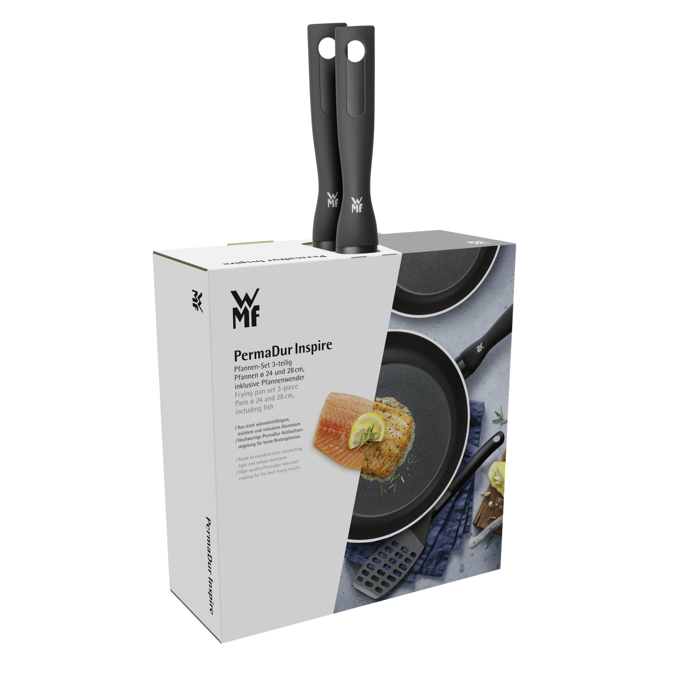 WMF PermaDur Inspire Pfannen-Set in Produktverpackung, mit zwei schwarzen Griffen, die aus der Oberseite herausragen.