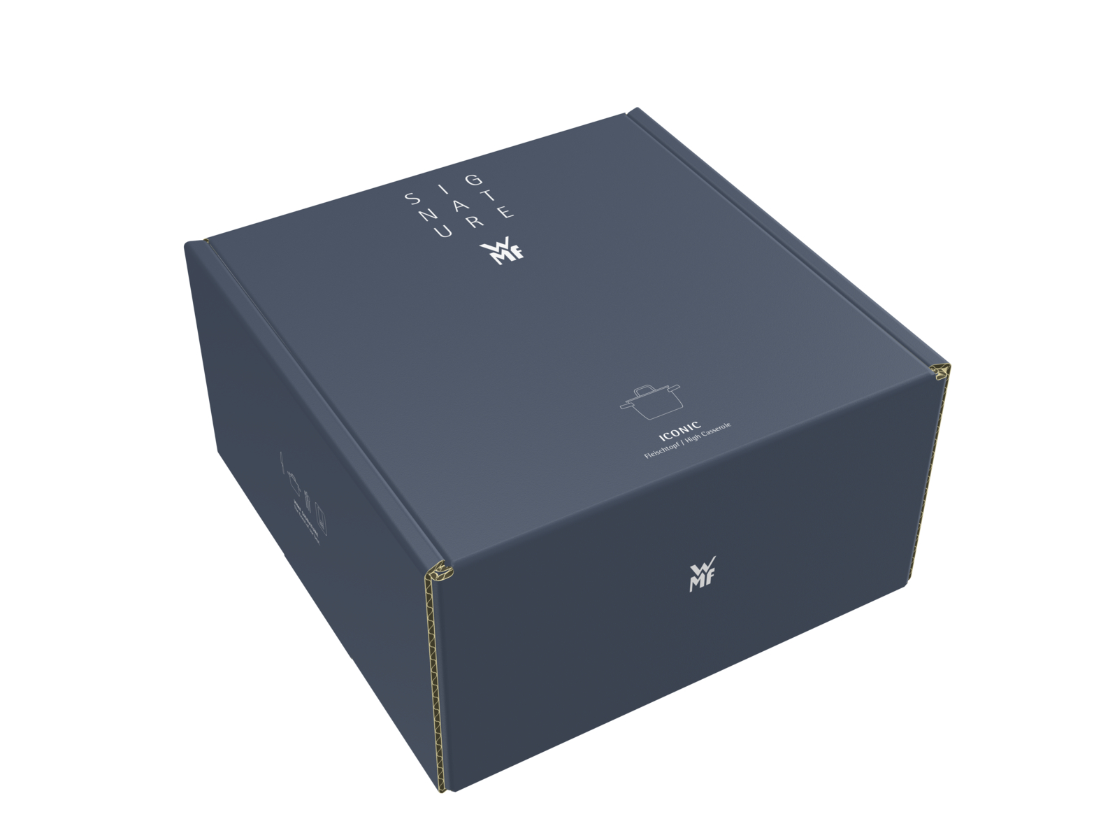 Dunkelblaue WMF Produktverpackung mit weißer Aufschrift und Symbolen auf weißem Hintergrund.
