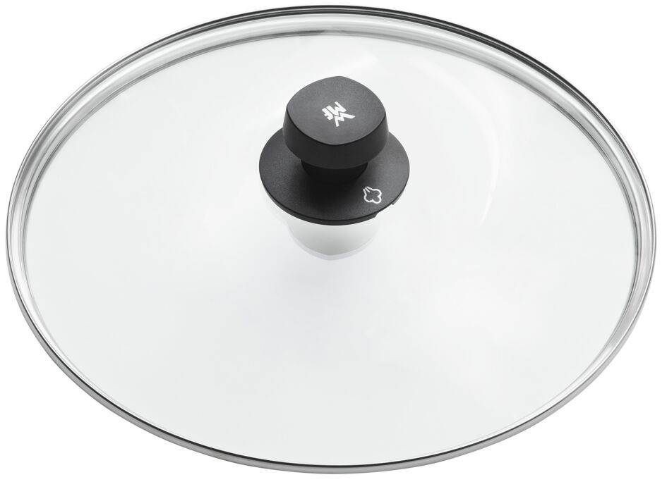 Runder Glasdeckel mit Edelstahlrand und schwarzem Griff mit Logo auf weißem Hintergrund.