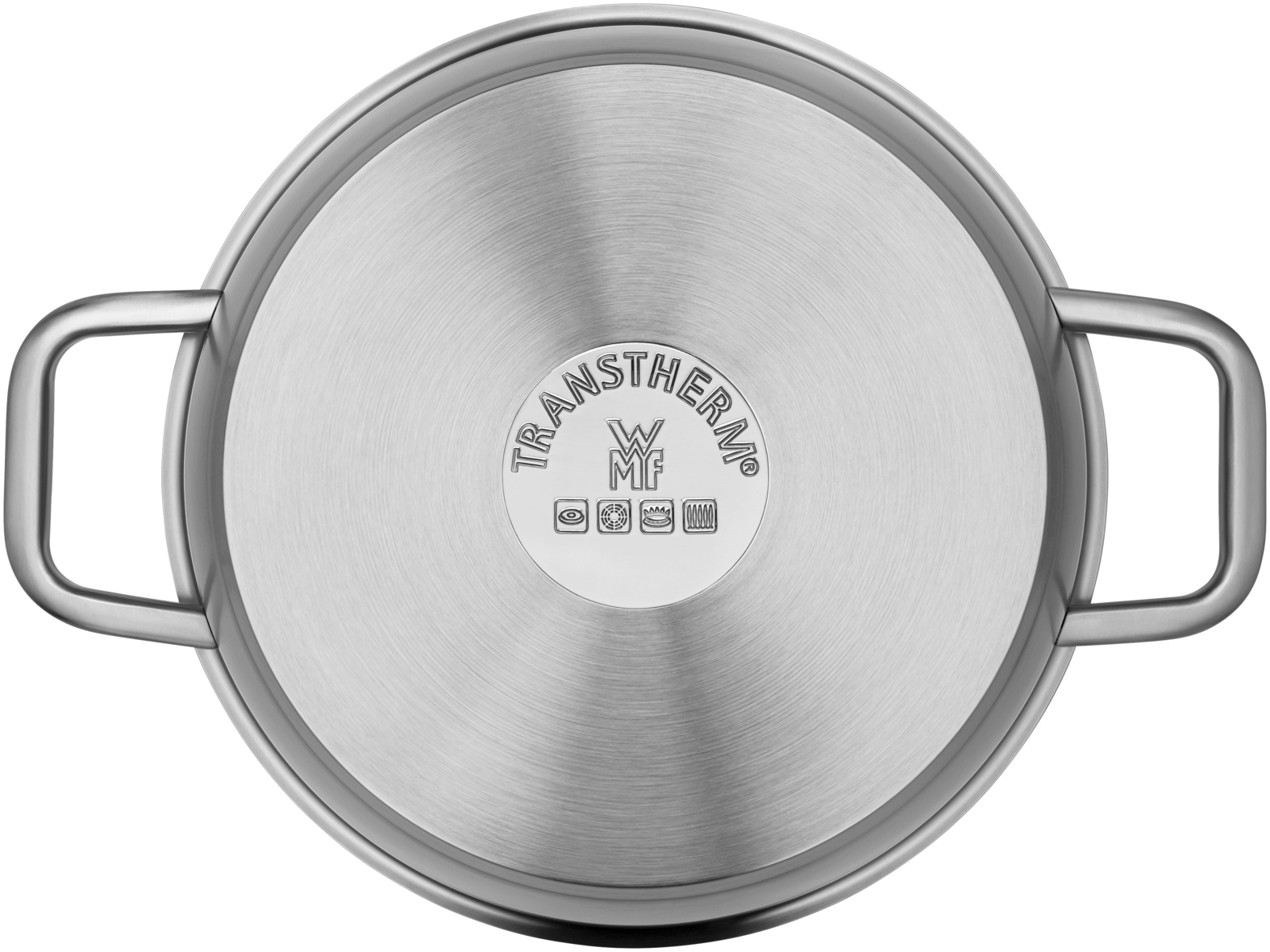 Edelstahltopf von unten, mit zwei Griffen und dem runden WMF-Transtherm-Logo auf dem gebürsteten Boden.