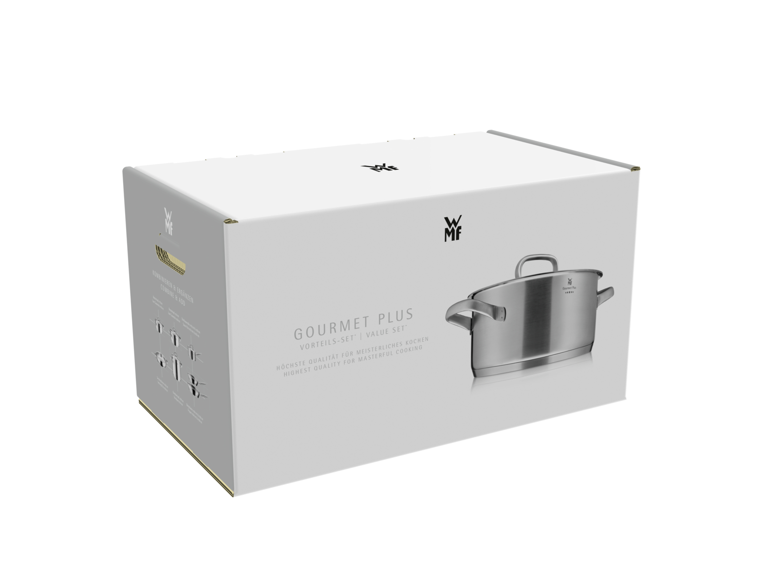 Paslanmaz çelik tencere resmi ve WMF logosu içeren beyaz bir WMF Gourmet Plus ambalaj kutusu.