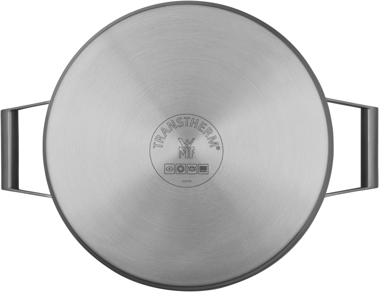 Unterseite eines runden Edelstahltopfs mit zwei Griffen und eingeprägtem WMF-Transtherm-Logo.
