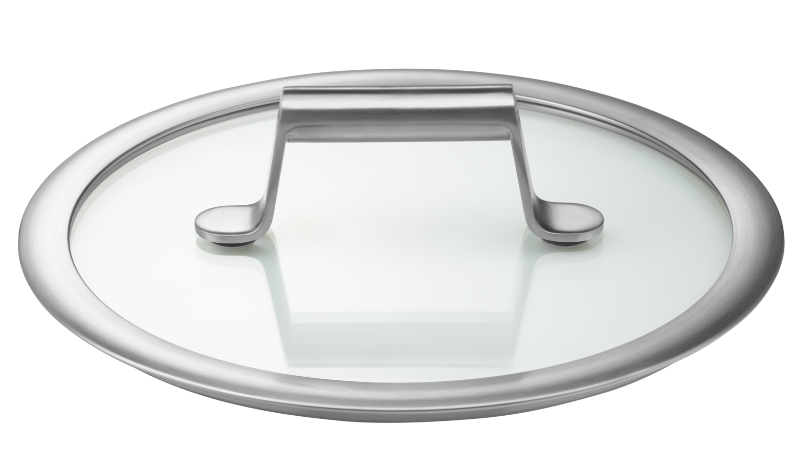 Runder Glasdeckel mit einem Edelstahlrand und einem gebürsteten Edelstahlgriff.