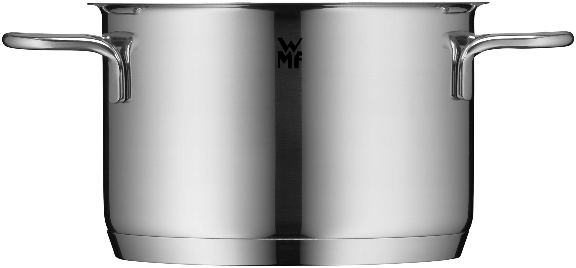 Ein glänzender Edelstahl-Kochtopf mit zwei Griffen und einem WMF-Logo auf weißem Hintergrund.