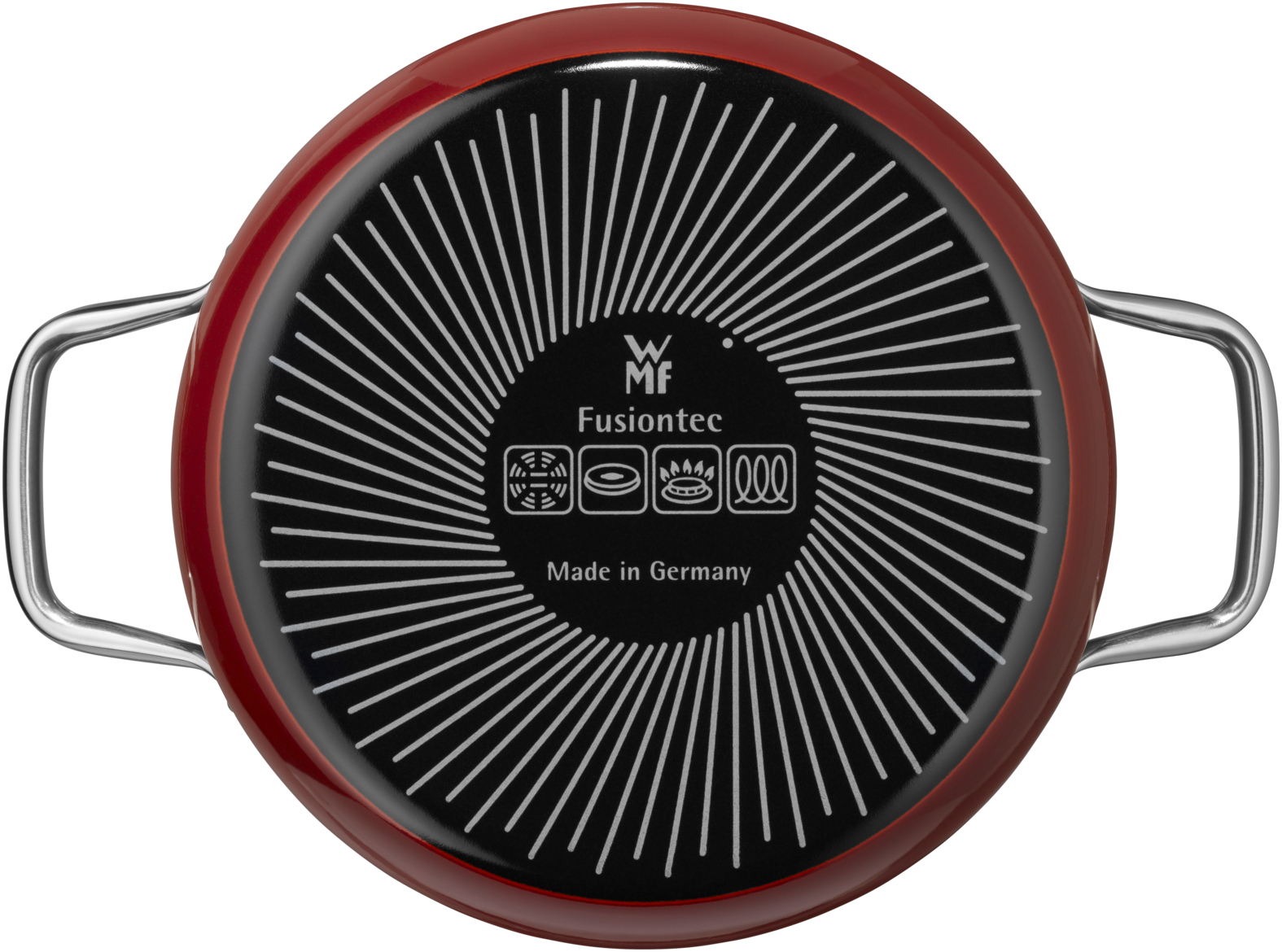 Die Unterseite eines roten WMF Fusiontec Topfes mit WMF-Logo, Strahlmuster, Symbolen und der Aufschrift Made in Germany.