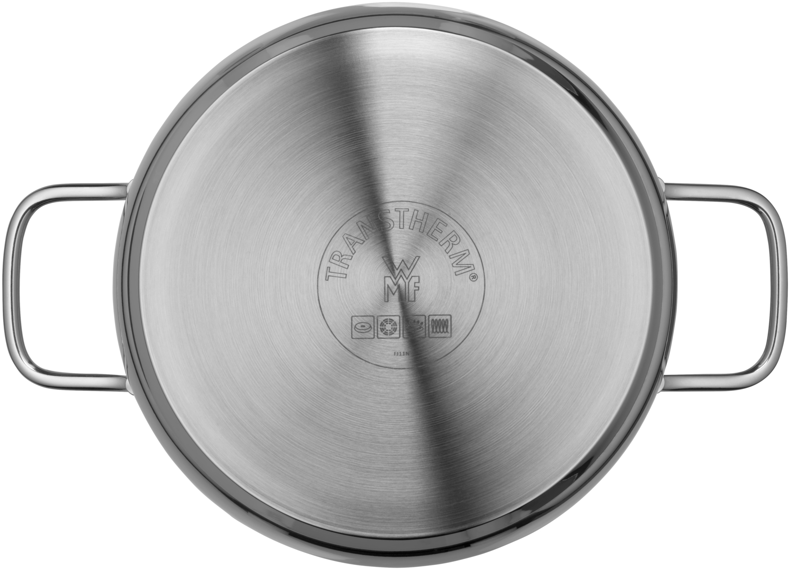 Unterseite eines Edelstahl-Topfes mit zwei Griffen, WMF-Logo und Transtherm-Schriftzug.
