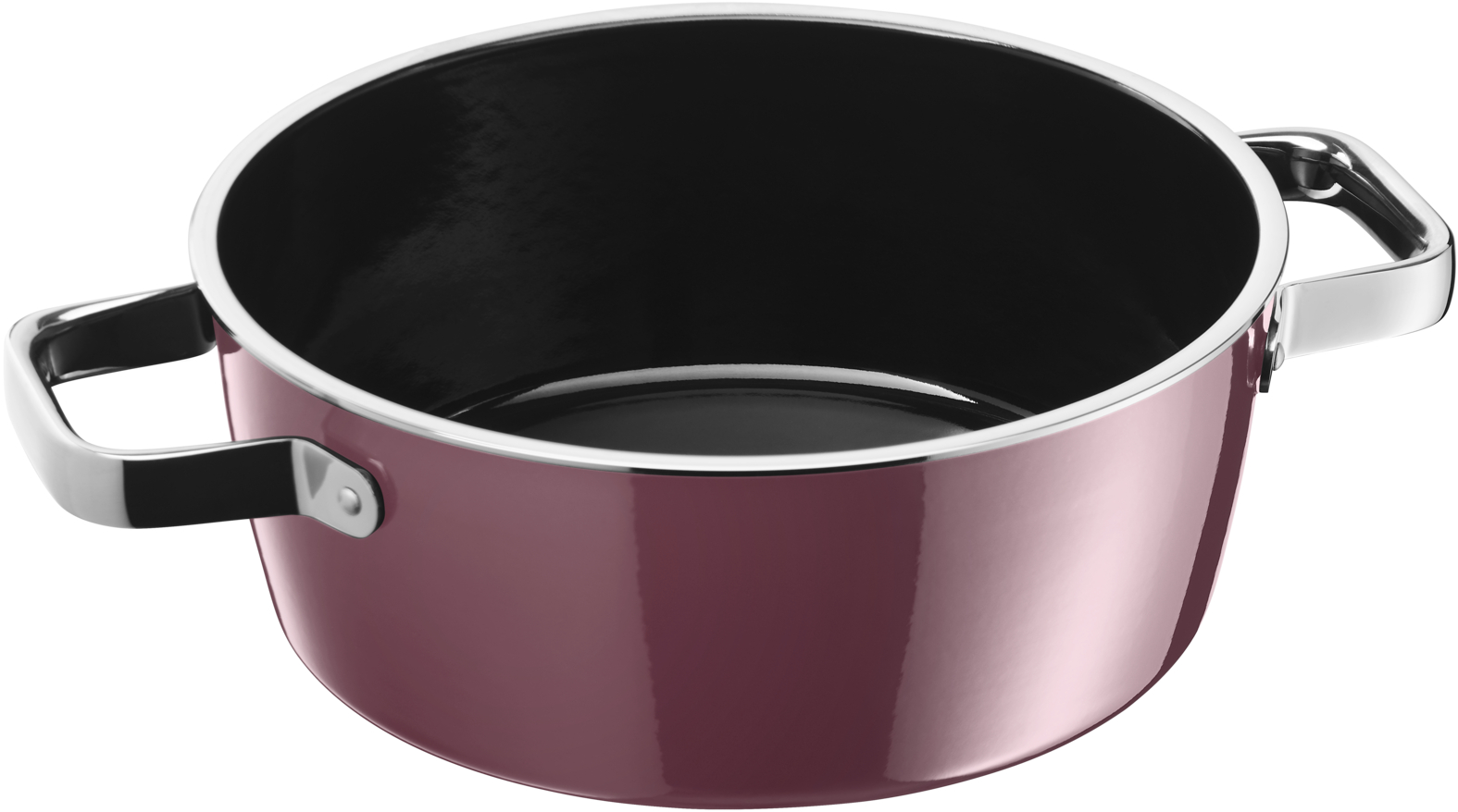 Ein glänzender, dunkler Topf in Pink mit silbernen Griffen und schwarzem Innenraum.