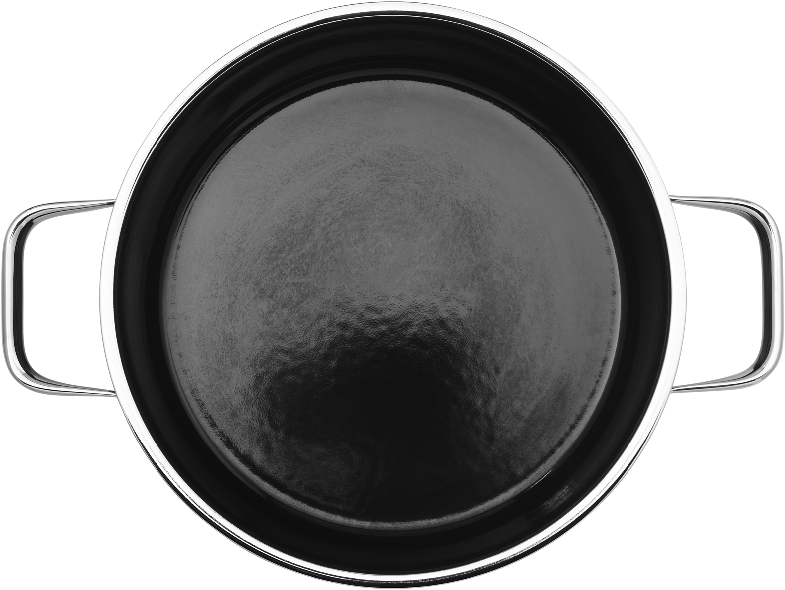 Draufsicht auf eine schwarze Bratpfanne mit silbernem Rand und zwei Metallgriffen auf weißem Hintergrund.