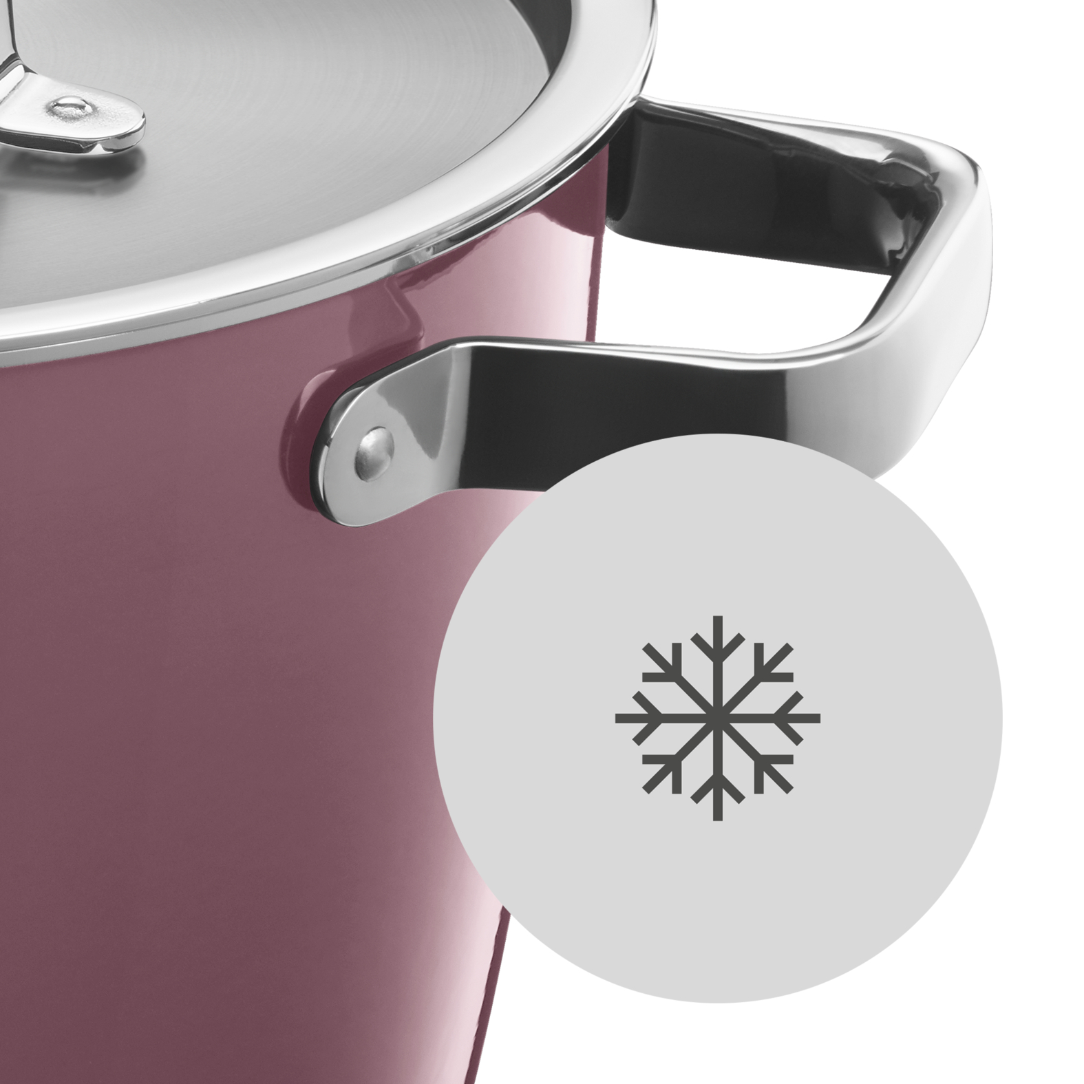 Nahaufnahme eines rosafarbenen Topfes mit Stahlgriff und einem runden Symbol mit Schneeflocken-Symbol.