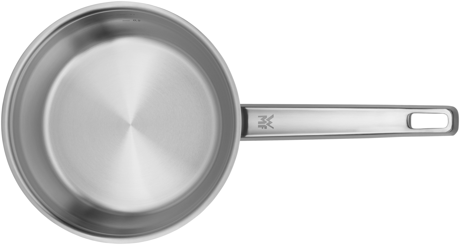 Edelstahltopf von oben mit langem Griff und WM-Logo.