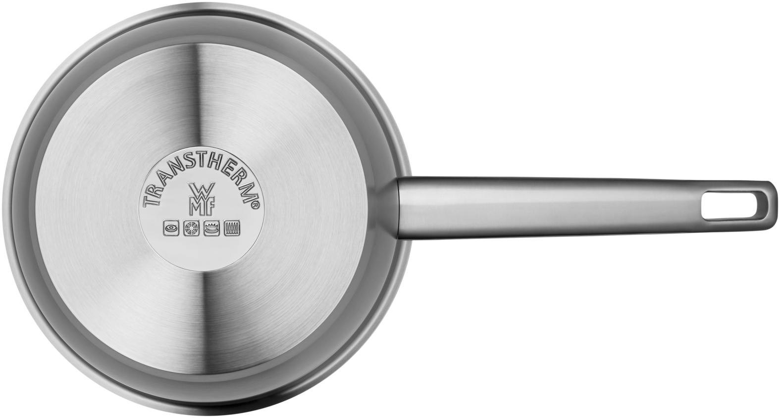 Unterseite eines silbernen Edelstahl-Topfes mit Griff und Herstellerlogo.