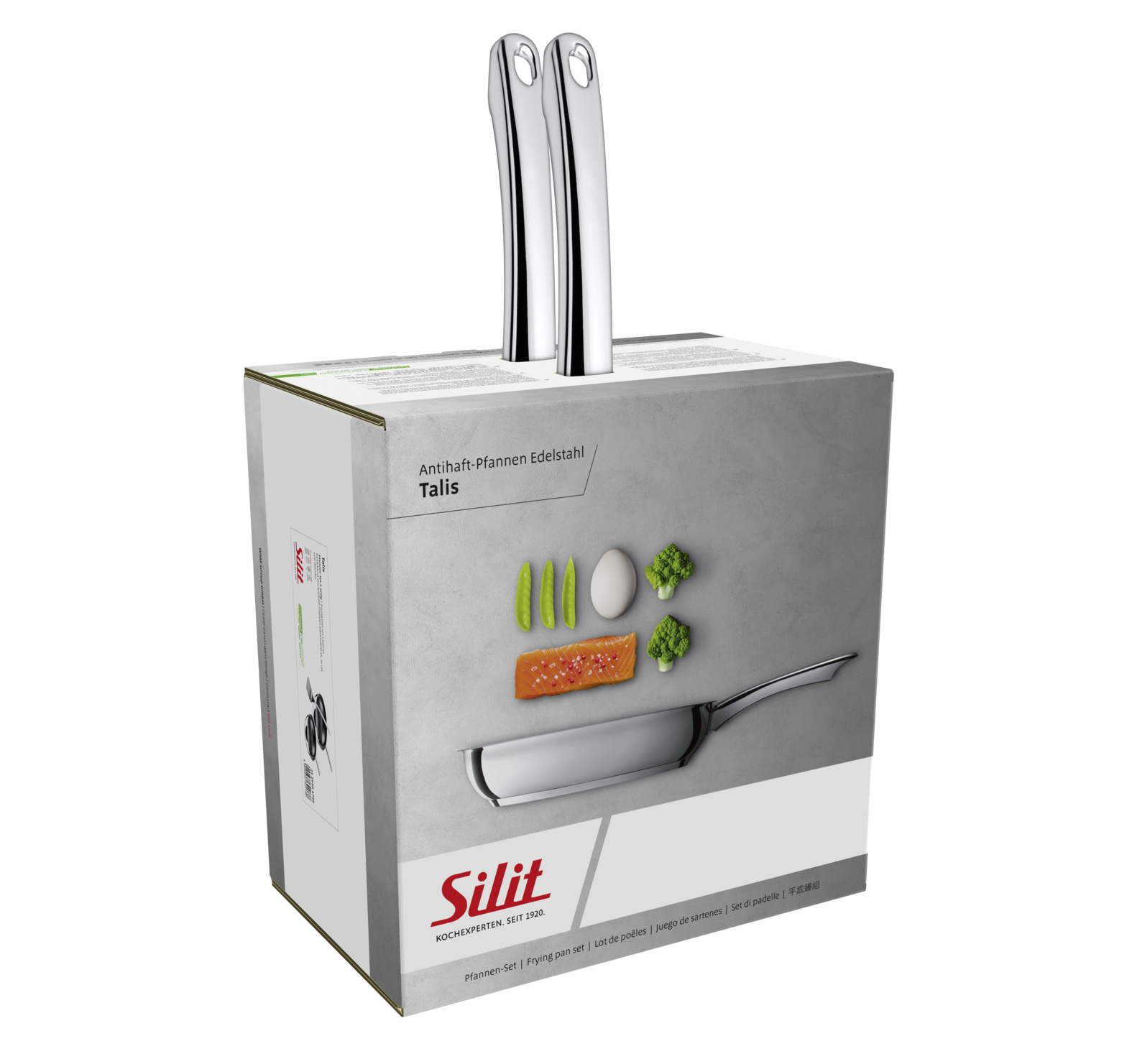 Silit Talis Pfannenset Box mit Edelstahlgriffen und Bildern von Lebensmitteln.