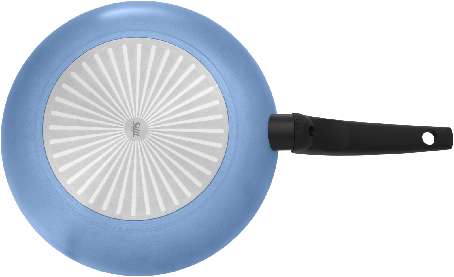 Blaue Silit-Bratpfanne mit schwarzem Griff und radial gemustertem Edelstahlboden.