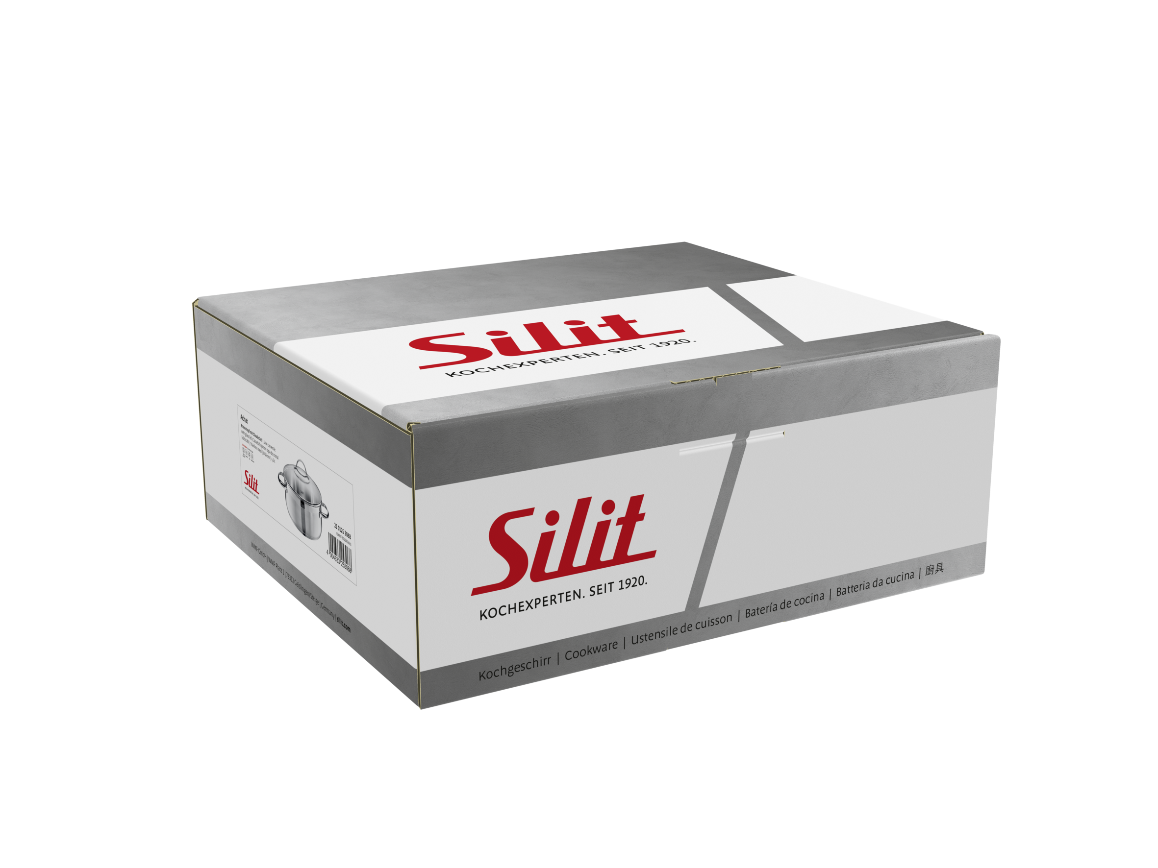 Eine graue und weiße Silit-Kochgeschirr-Verpackung mit rotem Logo auf schwarzem Grund.