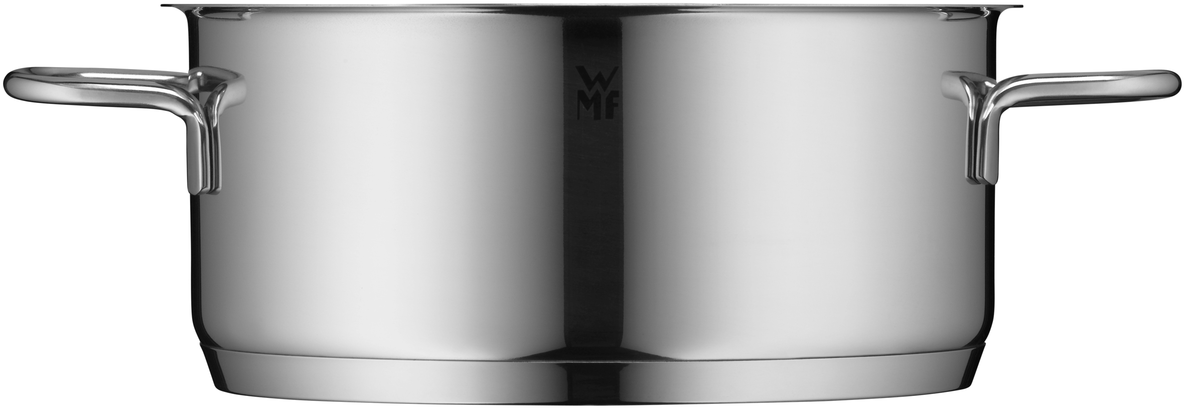 Ein glänzender Edelstahltopf mit zwei Griffen und einem dezenten WMF-Logo.