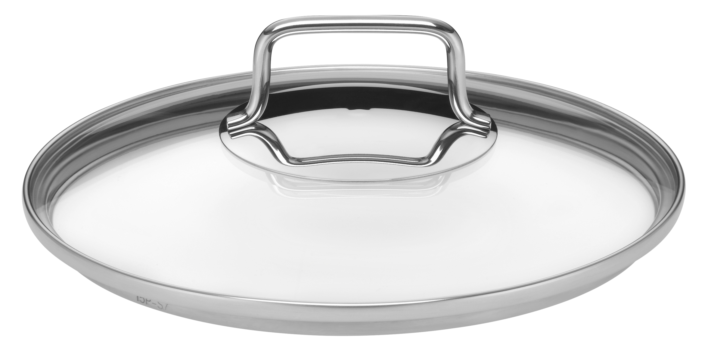 Ein runder Glastopfdeckel mit Edelstahldrand und U-förmigem Metallgriff auf weißem Hintergrund.