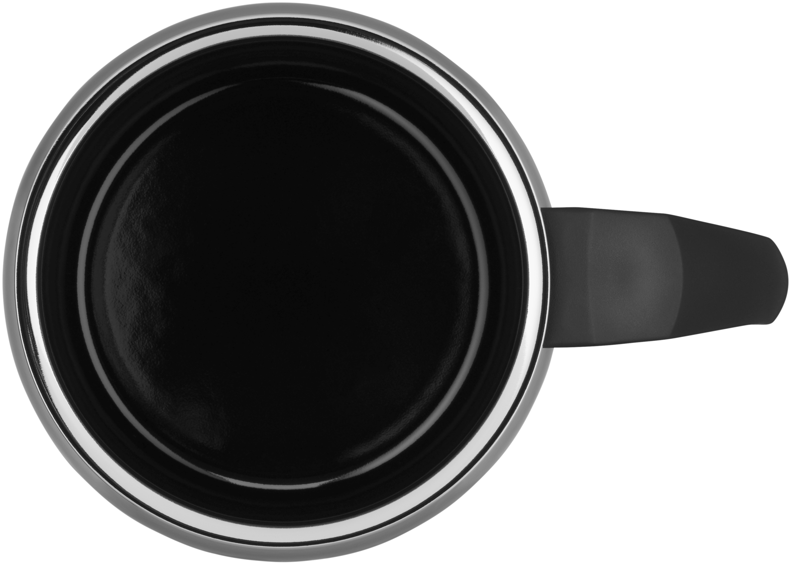 Eine von oben gesehene Tasse mit schwarzem Inneren und einem schwarzen Griff.