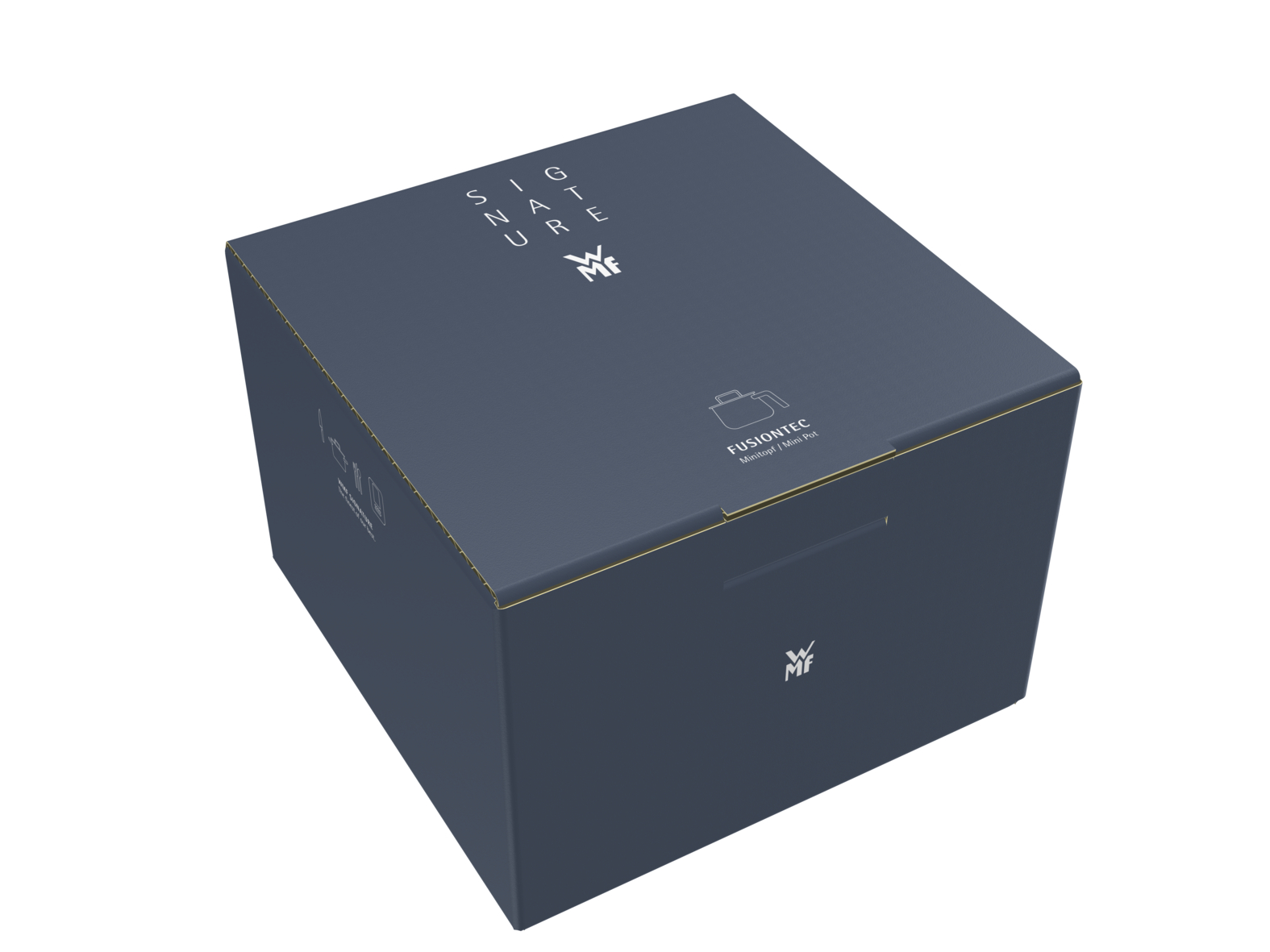 Dunkelblaue WMF Fusiontec Produktverpackung auf weißem Hintergrund.