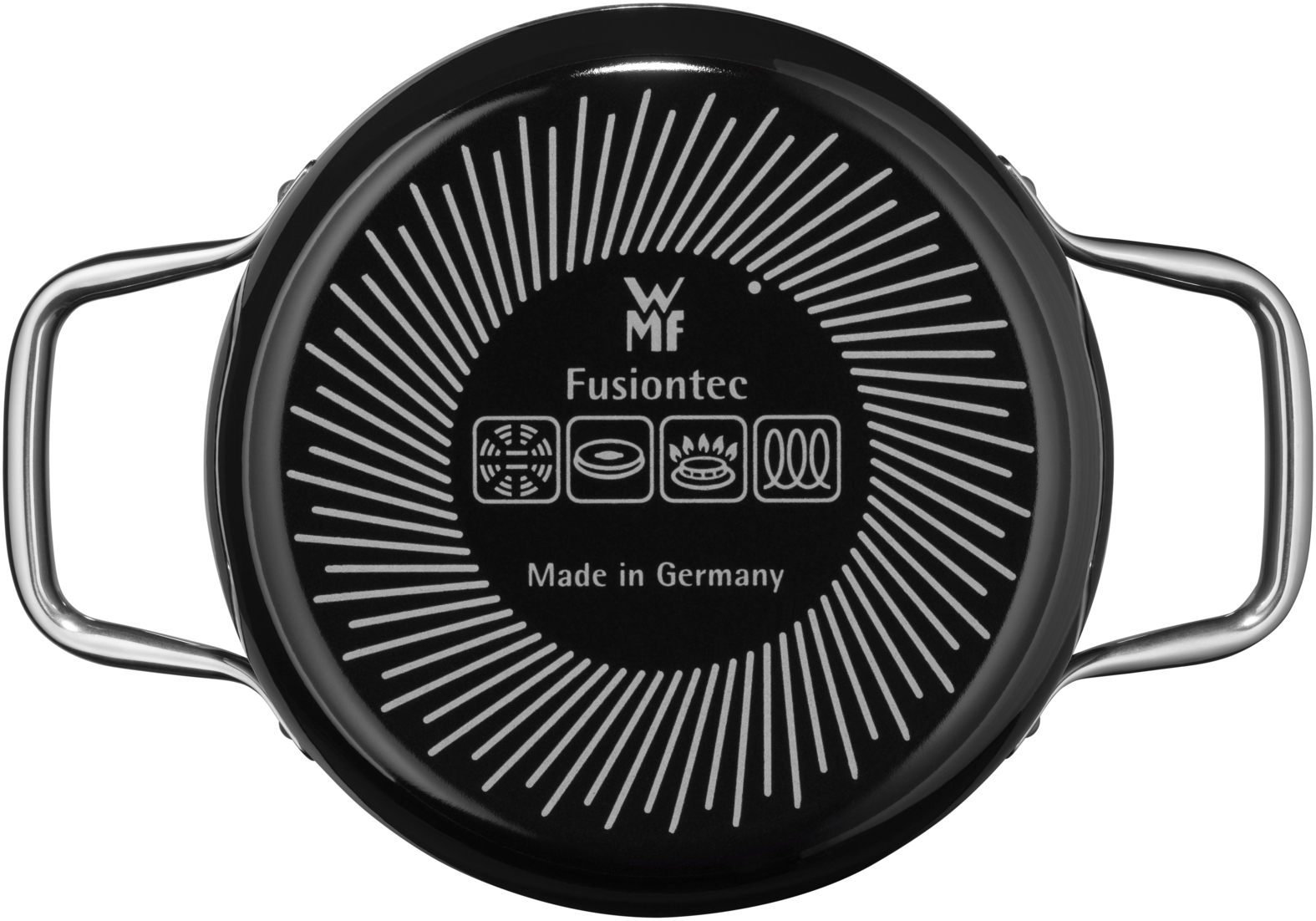 Unterseite einer schwarzen WMF Fusiontec Pfanne mit silbernen Griffen und Herdsymbolen.