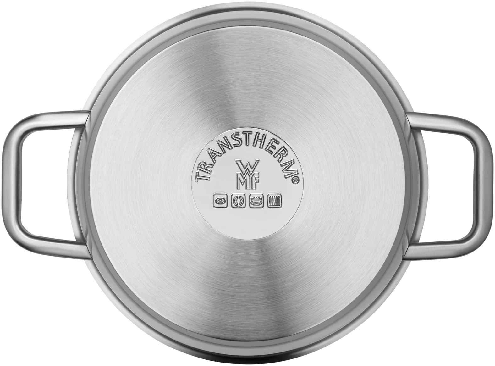Unterseite eines silbernen Edelstahltopfs mit zwei Griffen und zentriertem WMF-Transtherm-Logo.