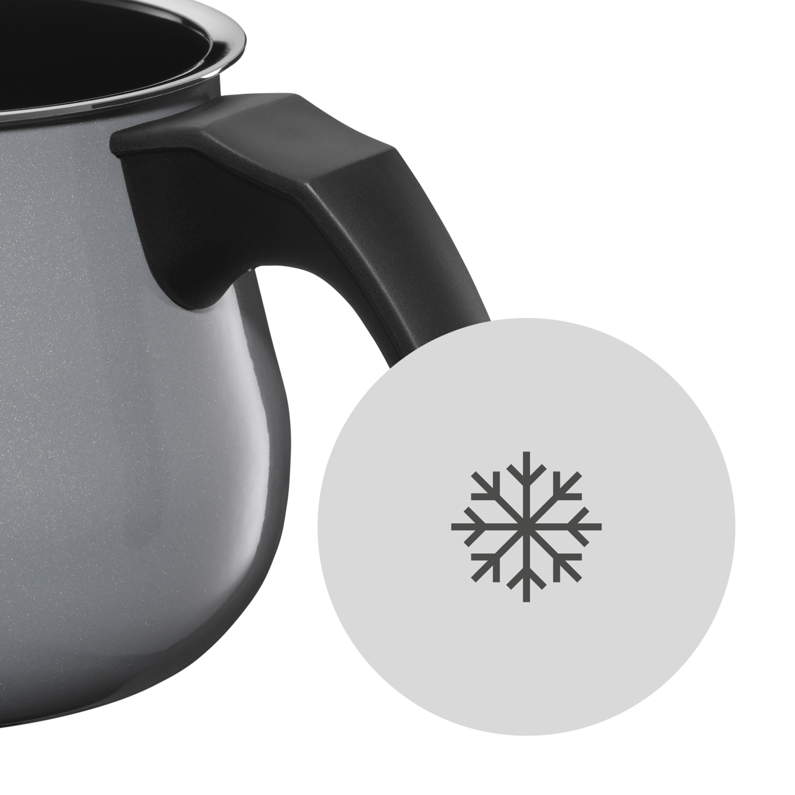 Grauer Topf mit schwarzem Griff und einem Schneeflockensymbol in einem Kreis.