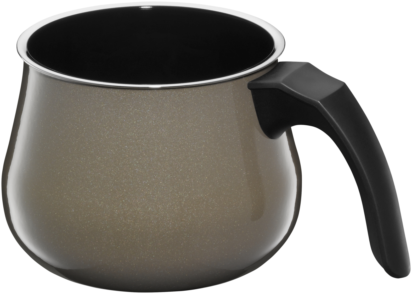 Ein metallicbrauner milchtopf mit schwarzem innenteil und schwarzem kunststoffgriff vor weißem hintergrund.