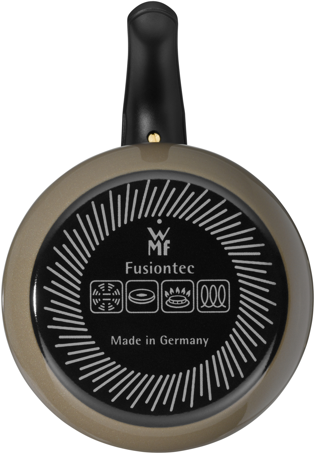 Unterseite einer WMF Fusiontec Pfanne mit schwarzem Boden, weißen Kochsymbols und schwarzem Griff vor weißem Hintergrund.