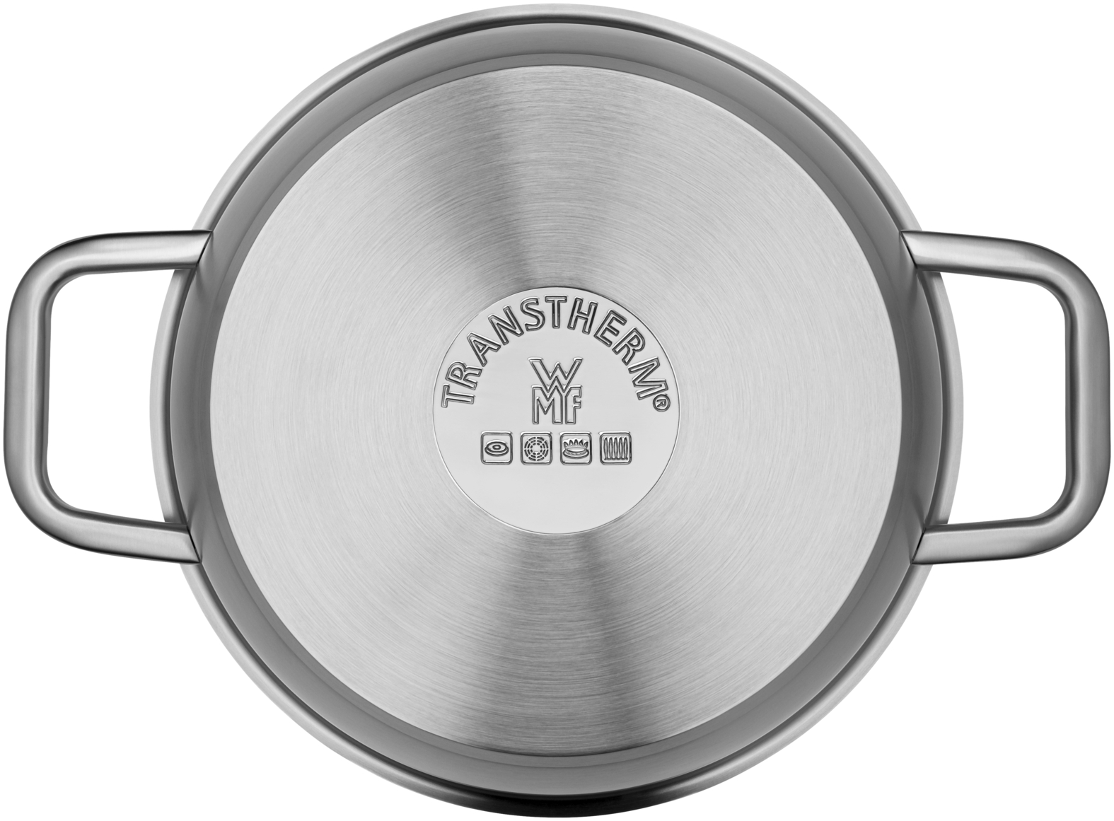 Unterseite eines runden Edelstahltopfs mit zwei Griffen und eingeprägtem WMF-Transtherm-Logo.