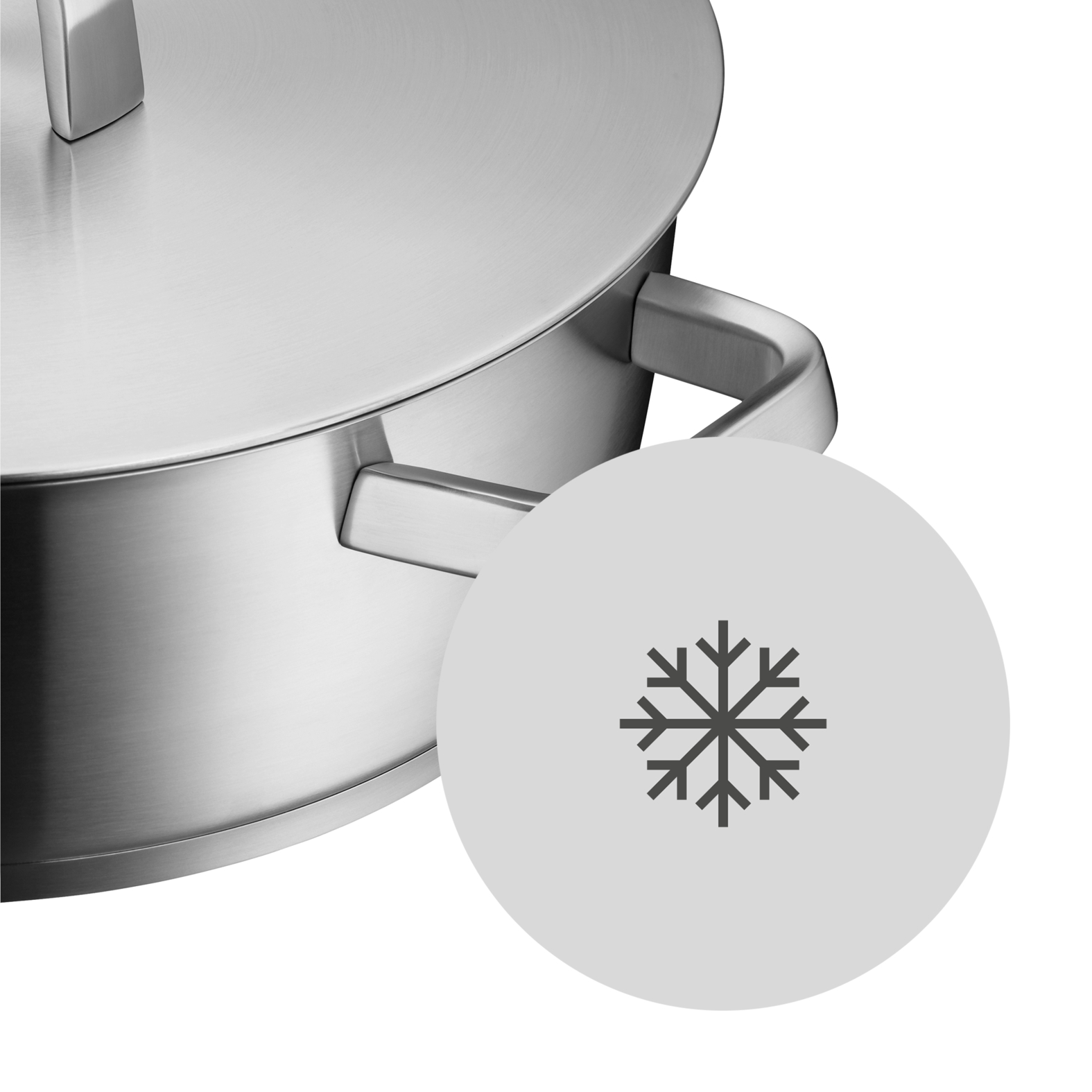 Edelstahltopf mit Deckel und einem runden Symbol mit Schneeflocke, das kühle Griffe anzeigt.