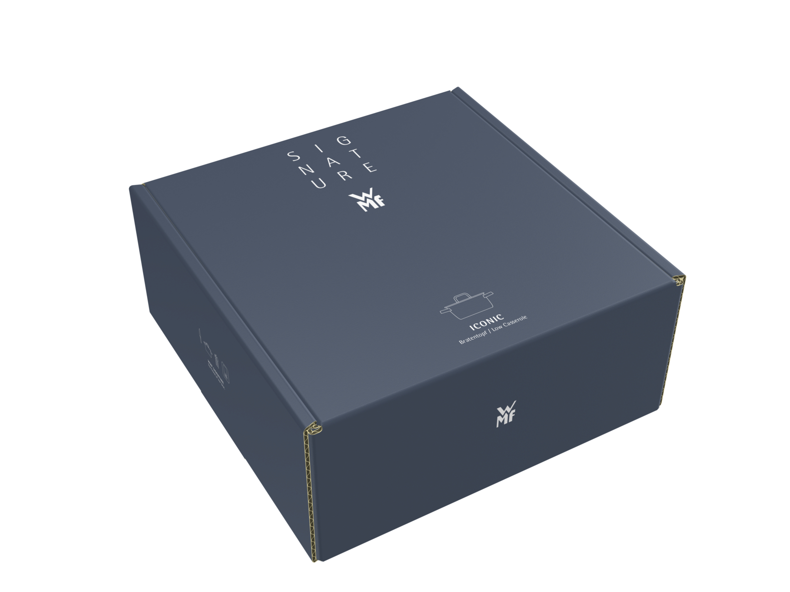Dunkelblaue WMF Signature Produktverpackung mit weißer Aufschrift Iconic und WMF Logo auf einem weißen Hintergrund.