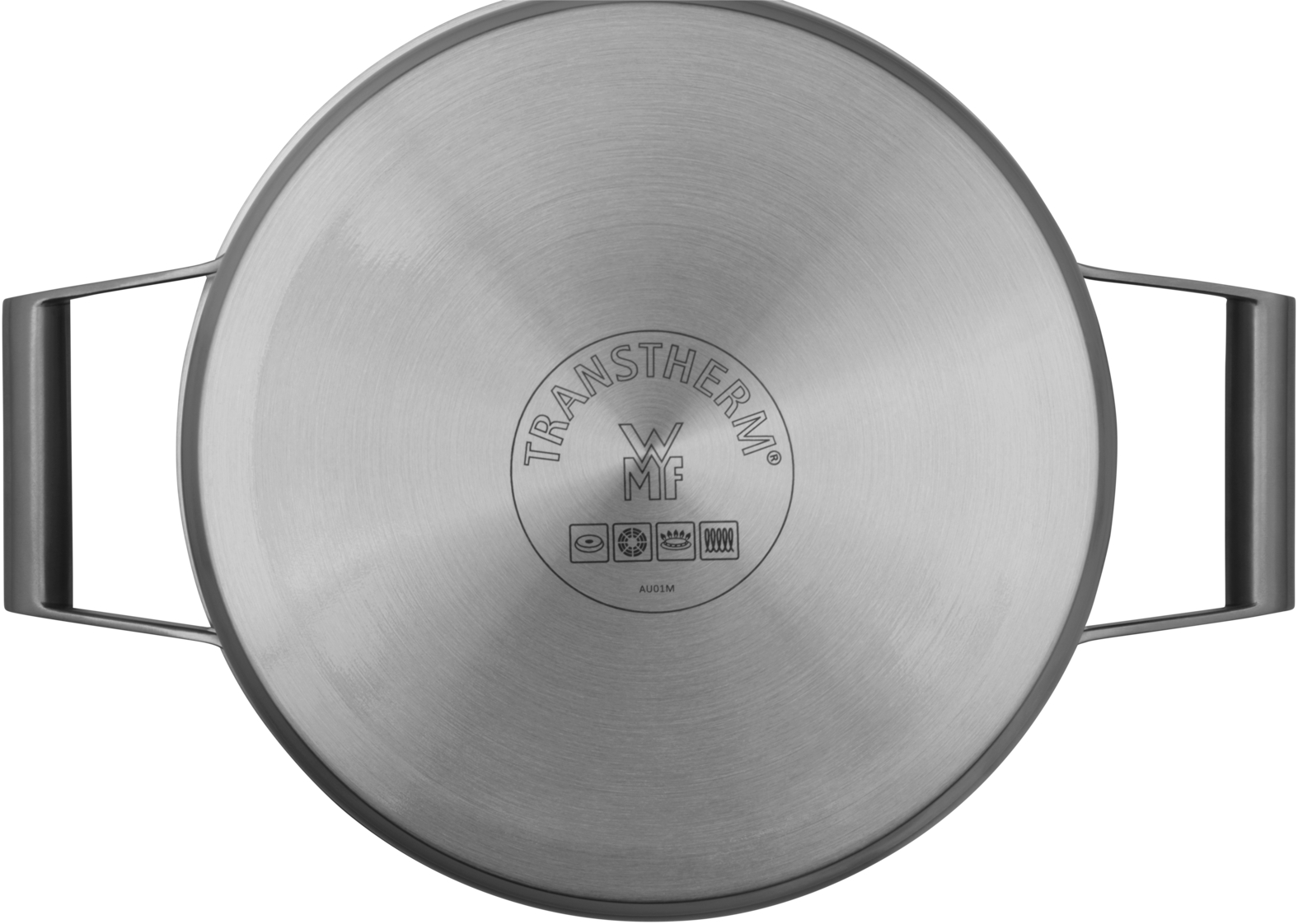 Edelstahltopf von unten, mit Transtherm-Logo und Symbolen für Herdarten sowie zwei Griffen.