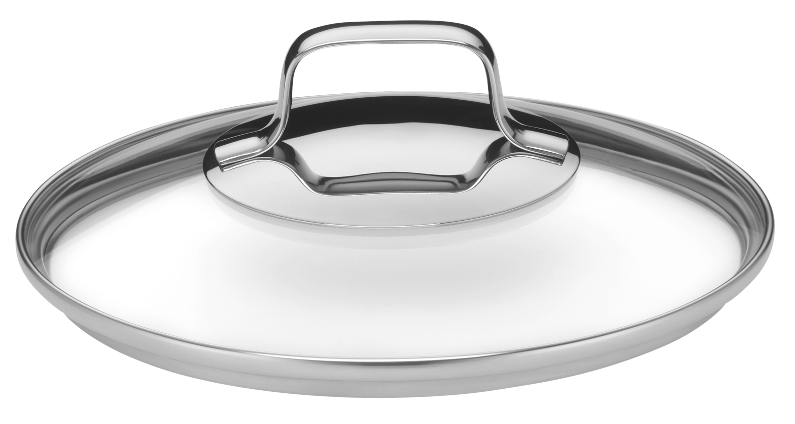 Runder Glasdeckel mit poliertem Edelstahlrand und Griff auf weißem Grund.