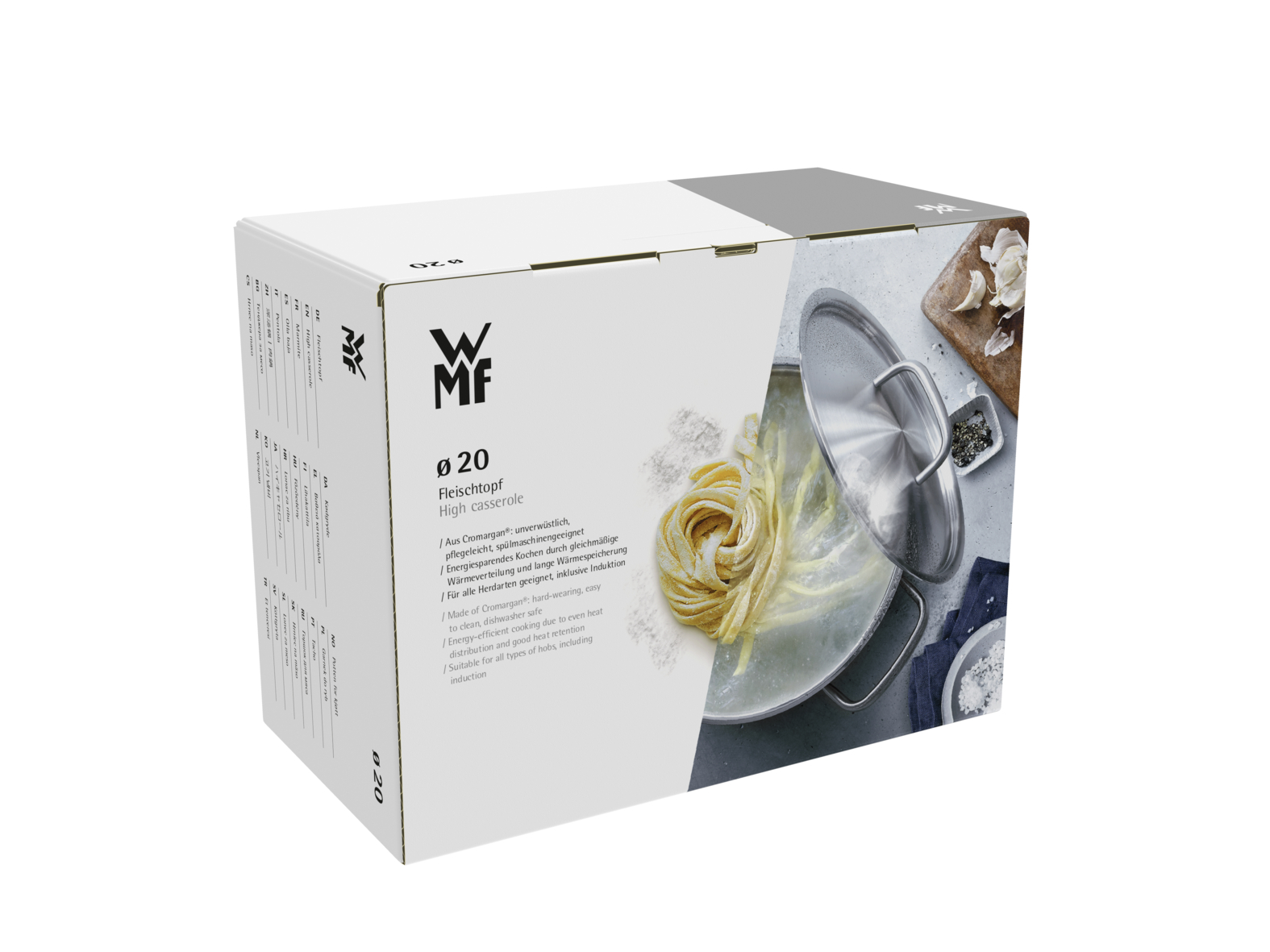 Eine WMF Fleischtopf-Produktverpackung zeigt Text, einen Topf mit kochenden Nudeln, einen Deckel und Knoblauch.