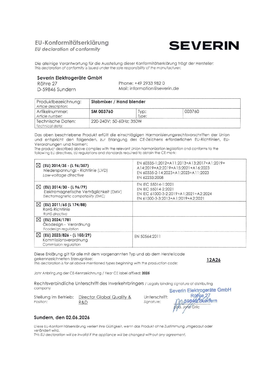 EU-Konformitätserklärung für Severin Stabmixer SM 003760 mit Herstellerdetails und Normen.