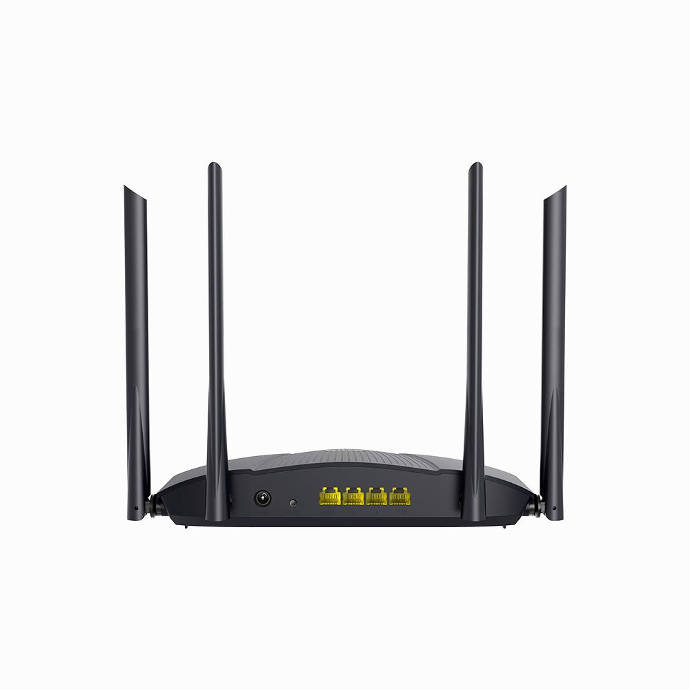Vista trasera de un router inalámbrico negro con cuatro antenas externas y puertos ethernet amarillos.