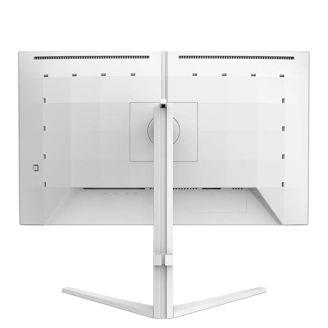 Vista posteriore di un doppio monitor bianco con supporto su sfondo bianco.