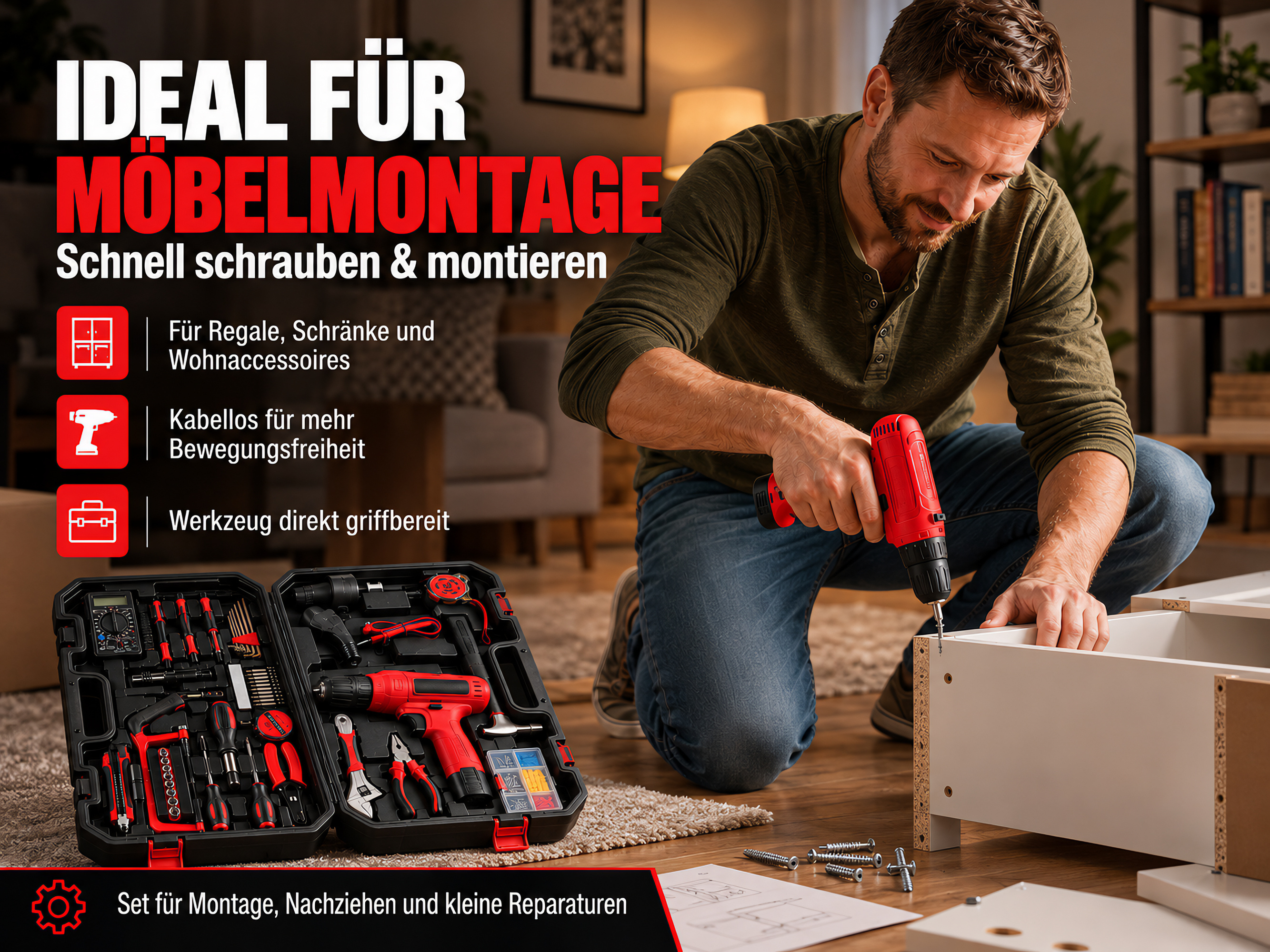 Ein Mann benutzt einen roten Akkuschrauber, um weiße Möbel zu montieren, neben einem Werkzeugkoffer.