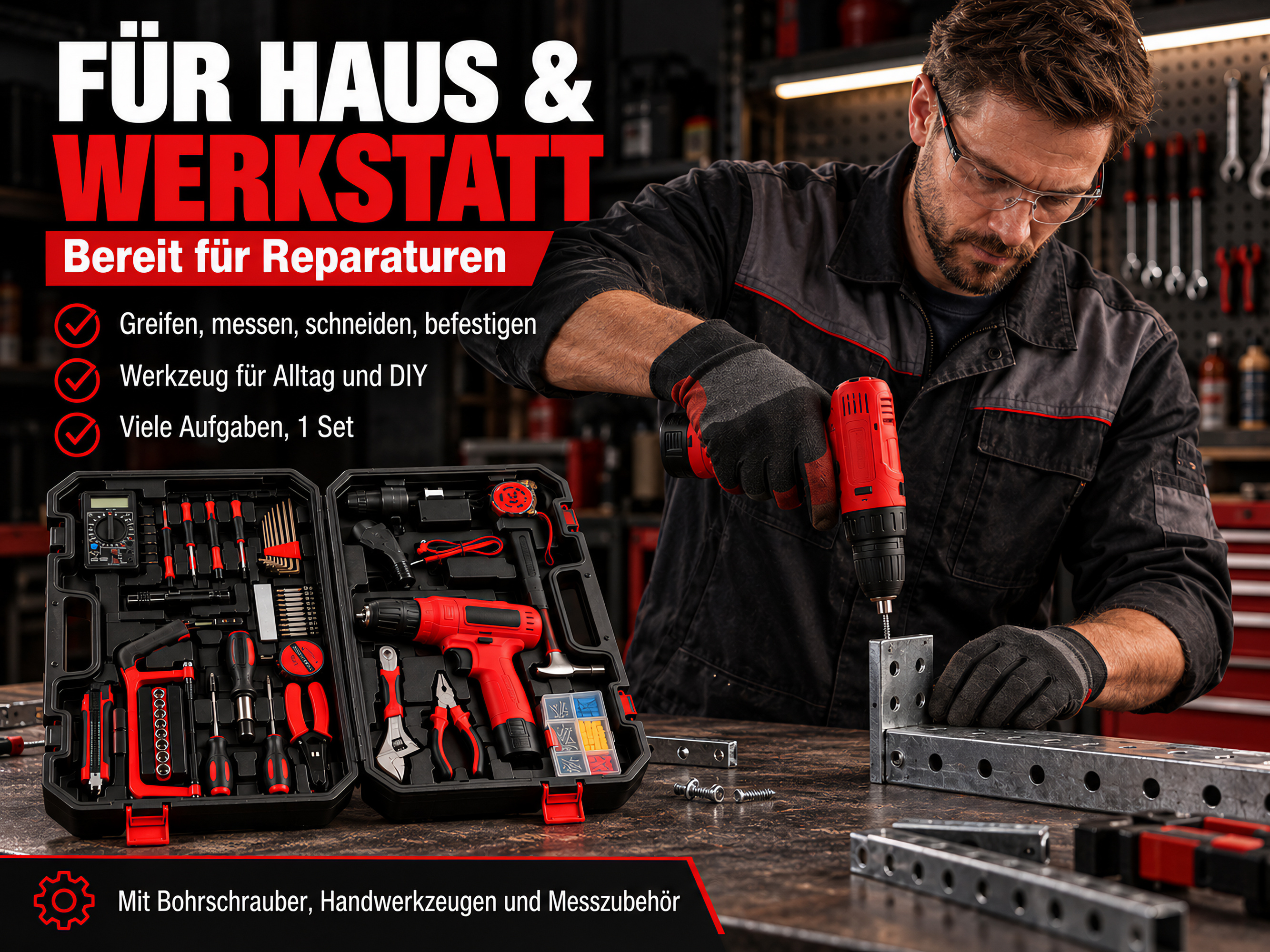 Ein Mann mit Brille und Handschuhen bohrt in Metall, ein offener Werkzeugkoffer steht im Vordergrund.