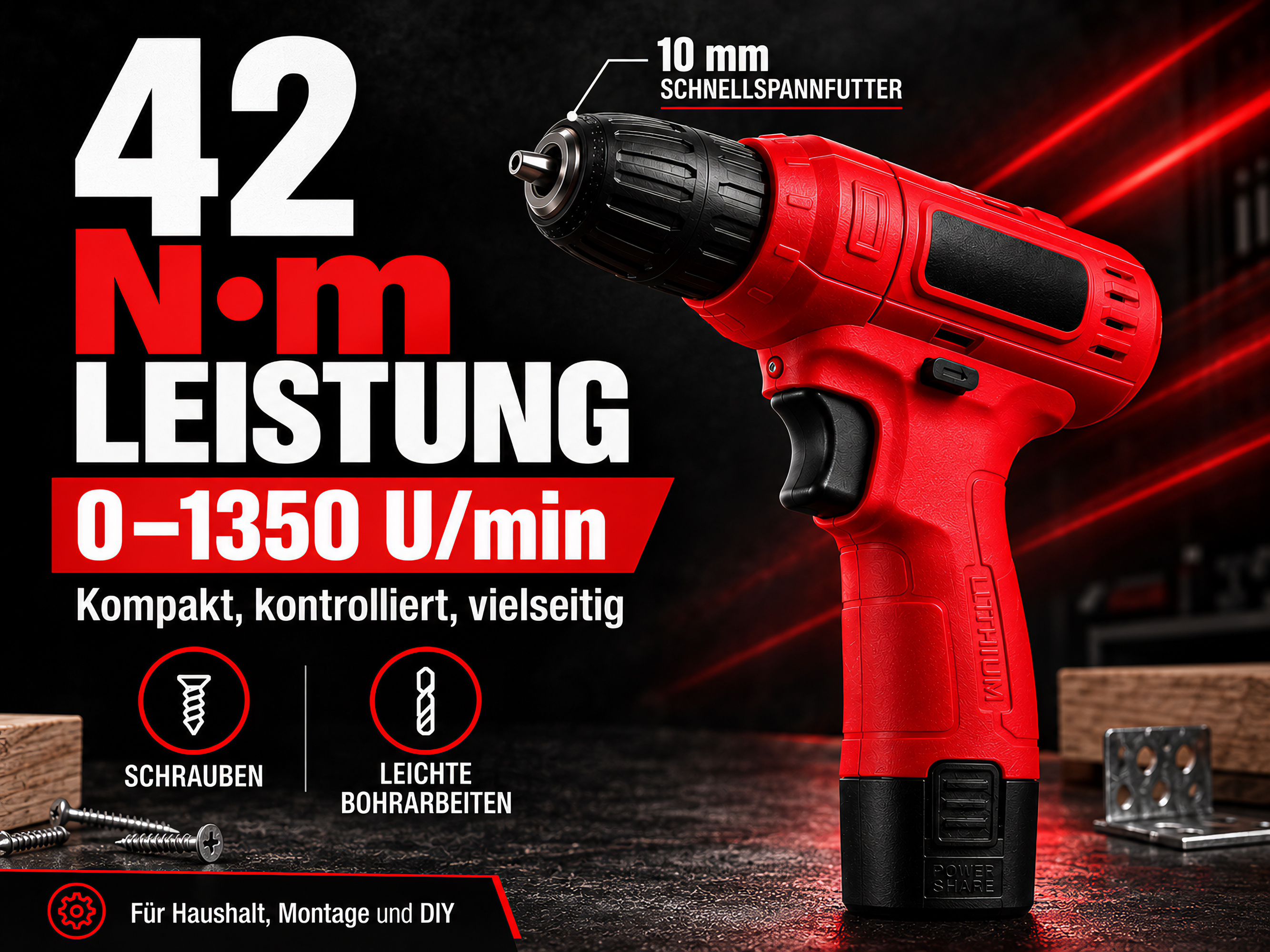 Rote Akku-Bohrmaschine mit Text und Symbolen auf schwarzem Hintergrund.