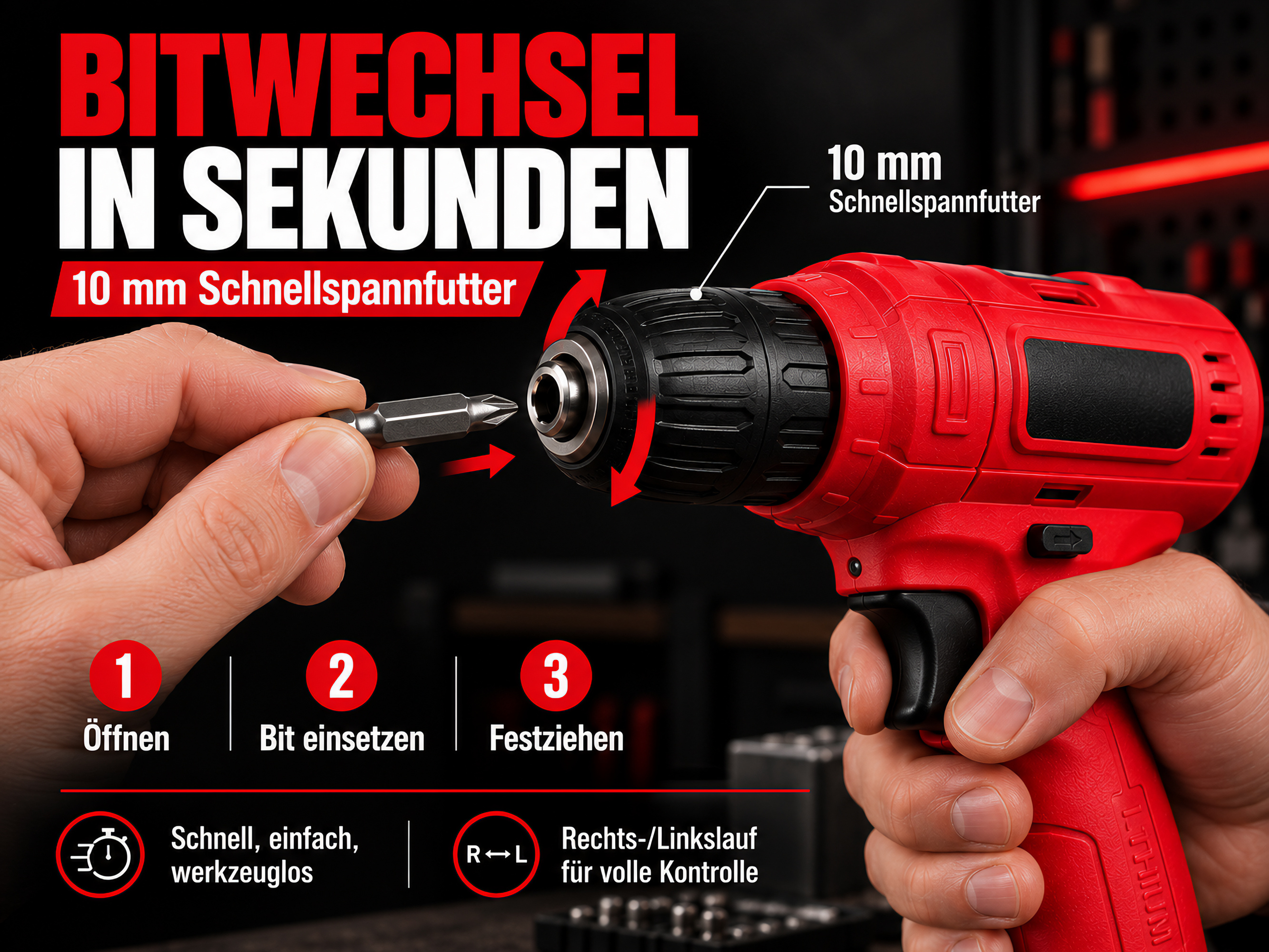 Roter Akkuschrauber mit Schnellspannfutter und Bitwechselanleitung.