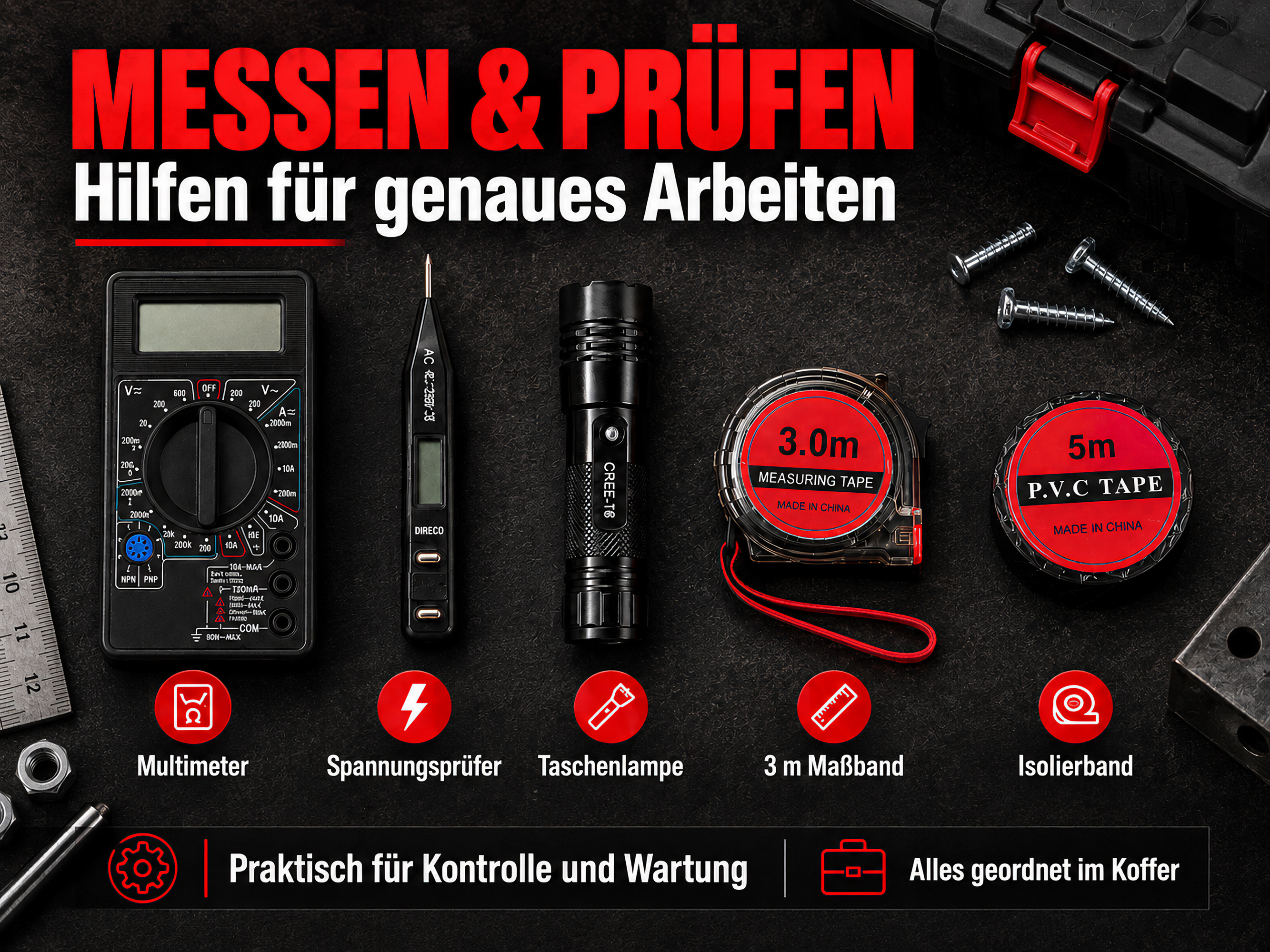 Werkzeuge auf dunklem Grund: Multimeter, Spannungsprüfer, Taschenlampe, Maßband und Klebeband.