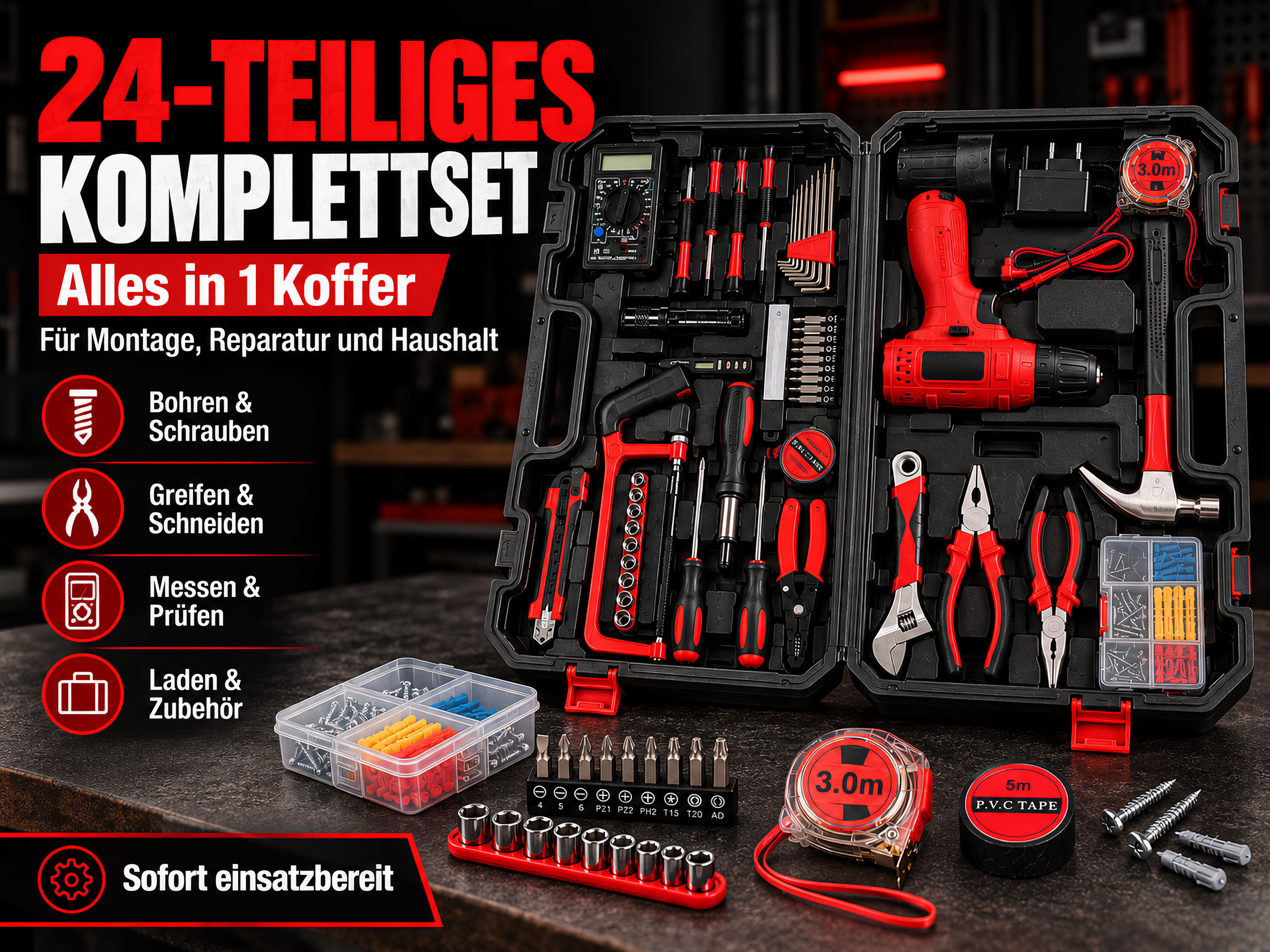 Ein offener Werkzeugkoffer mit rotem und schwarzem Handwerkszeug wie Bohrmaschine, Zangen und Schraubendrehern.
